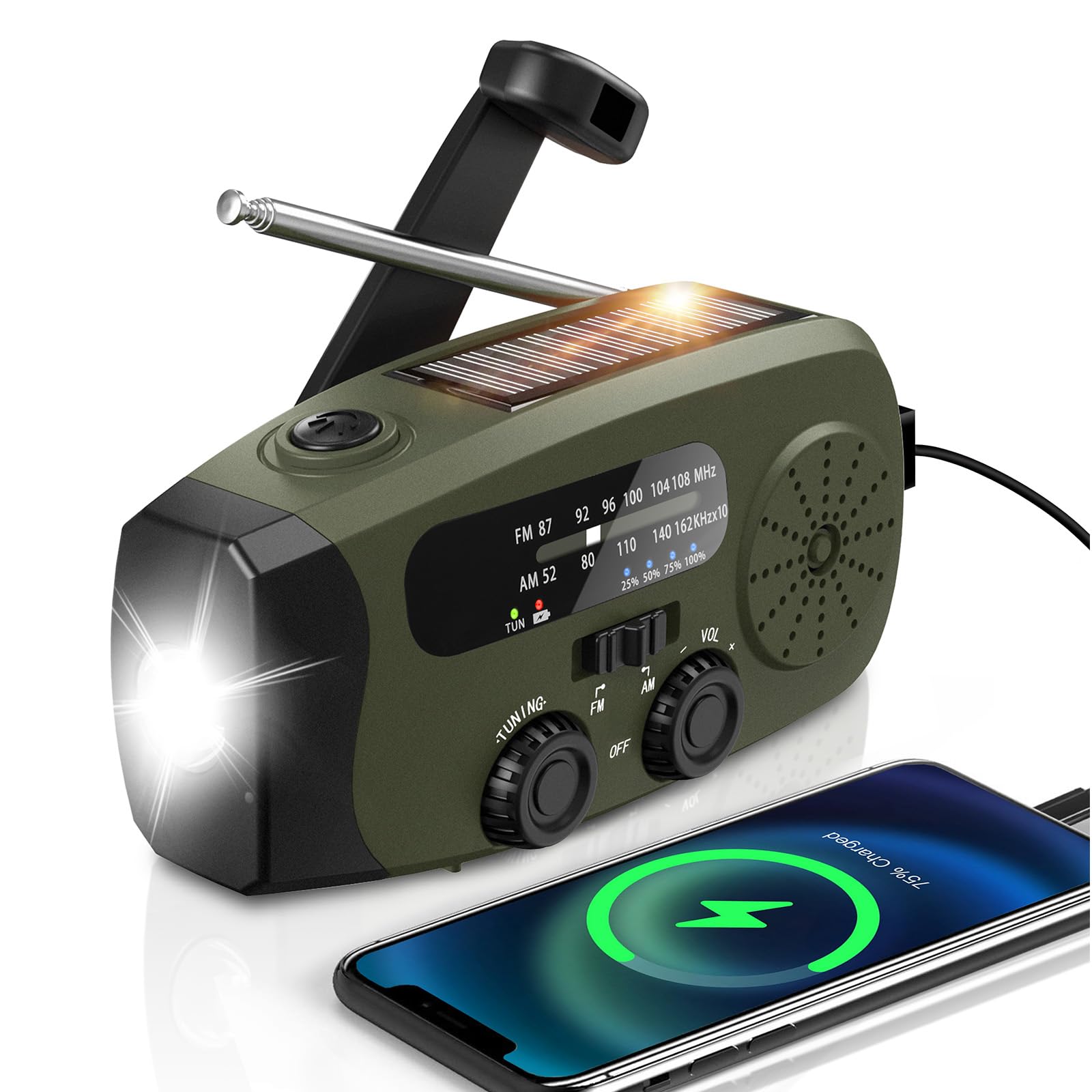 Notfall Kurbel Radio, 2000mAh/7400mWh Akku Kurbelradio Solar Batterie Power Bank USB AM/FM Radio mit SOS-Alarm Taschenlampe, 3-Wege-Laden Notfallradio, Innen Außen Camping Klein Taschenradio