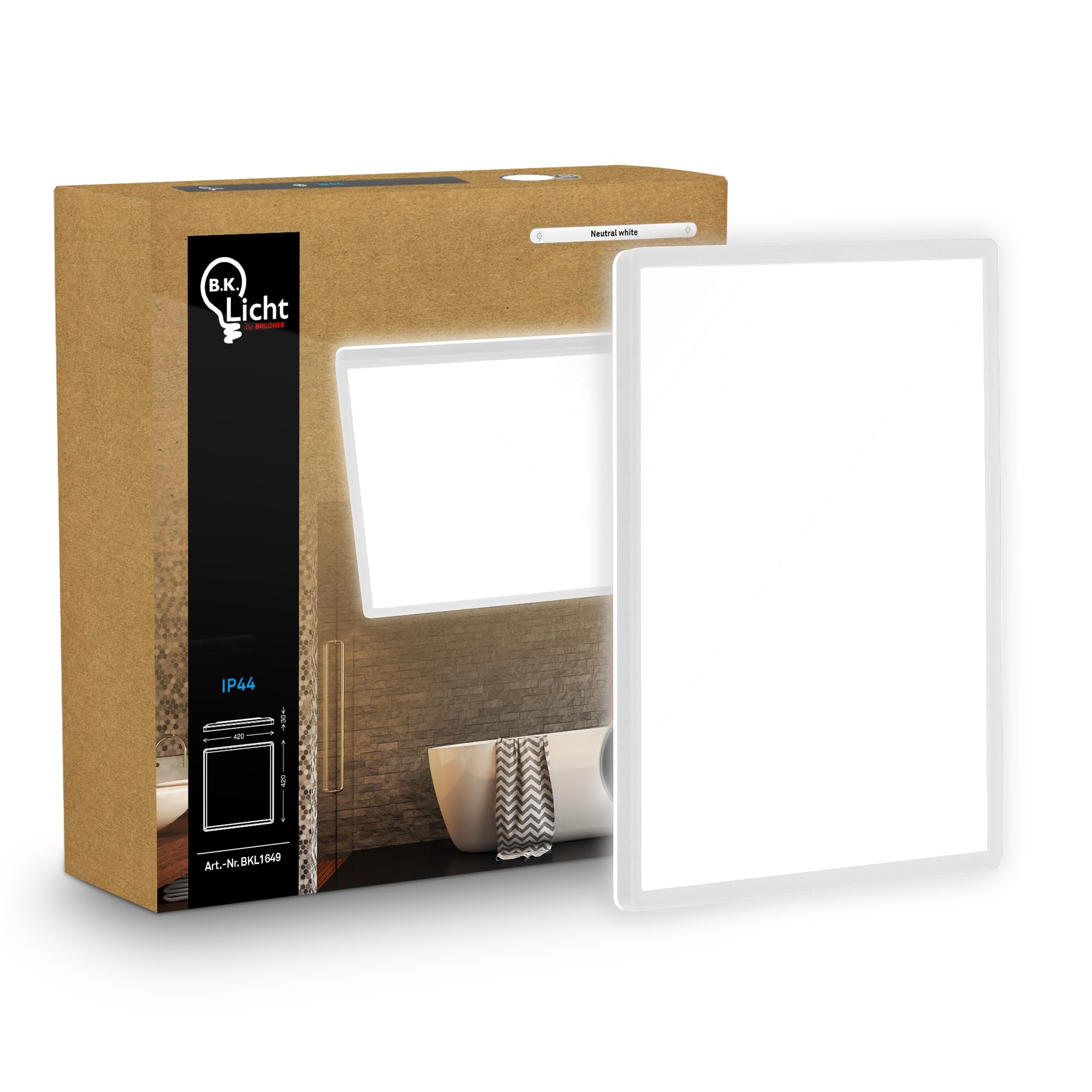 B.K.Licht - LED Panel, Slim, 4000K Neutral White, Indirect Backlighting, IP44 Splash-Proof, Ceiling Lights, Bathroom Light, Bathroom Lights Ceiling, Living Room, 42 x 42 x 3 cm, White