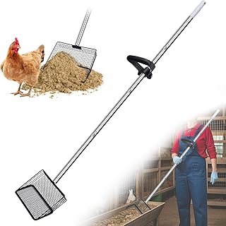 10in Wide Stainless Steel Chicken Poop Scooper with Adjustable Handle,36"-62" Long,Detailed mesh Design,Easy to Use Cleaning Tool for Chicken Coop, Sand Sifting