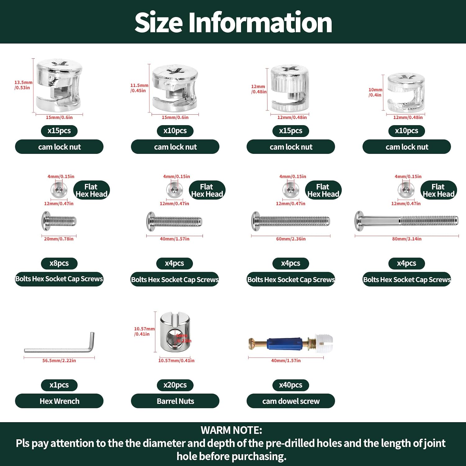 121Pcs Furniture Hardware Kit W M6x20mm/40mm/60mm/80mm Bunk Bed Bolts Hex Socket Cap, Barrel Nuts and 3 in 1 Connecting Cam Lock Fittings for Beds Drawer Dresser Cabinet