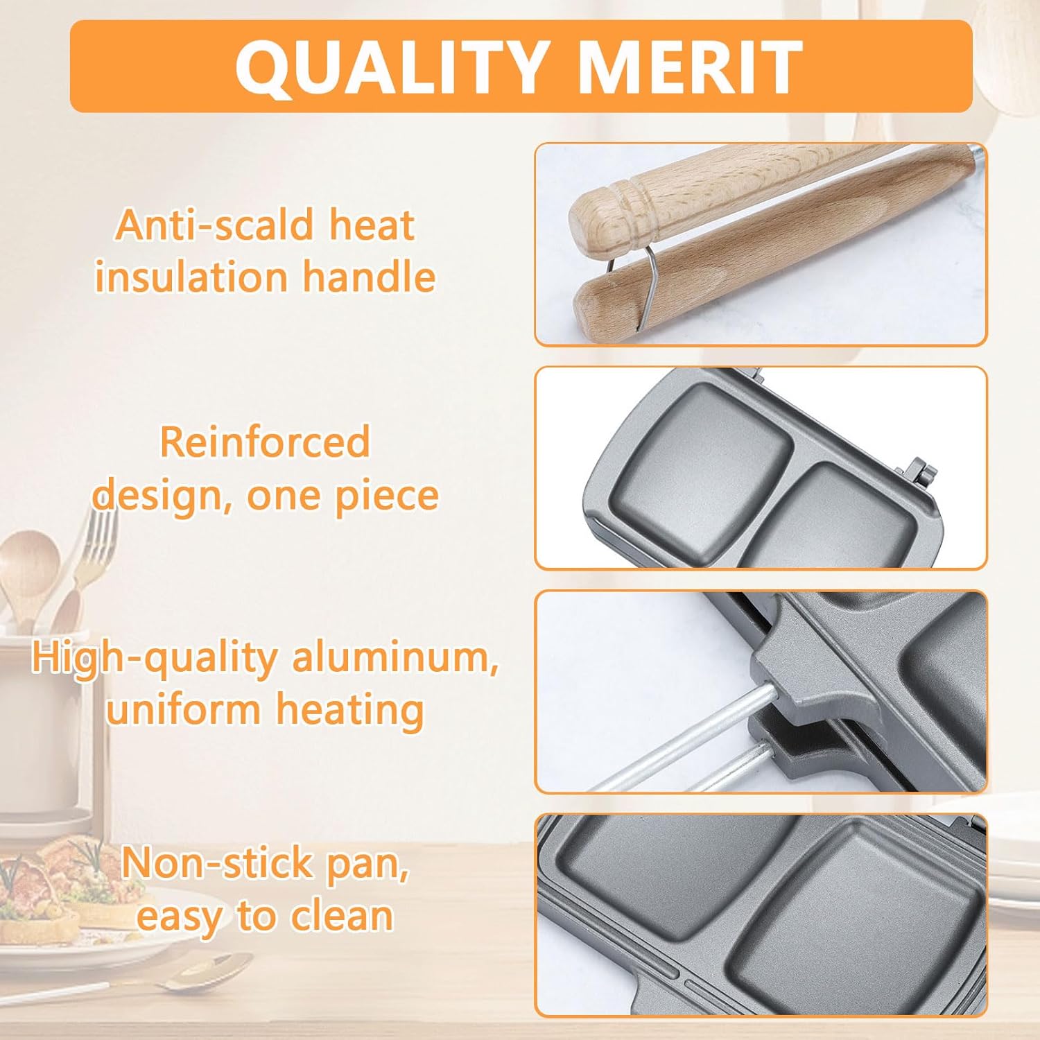 Qivine Breakfast Sandwich Maker, Double-Side Hot Dog Toaster, Nonstick Sandwich Baking Pan Hot Dog Bun Pan, Campfire Sandwich Maker With Removable Handle for Breakfast Pancakes, Toast, Omelets