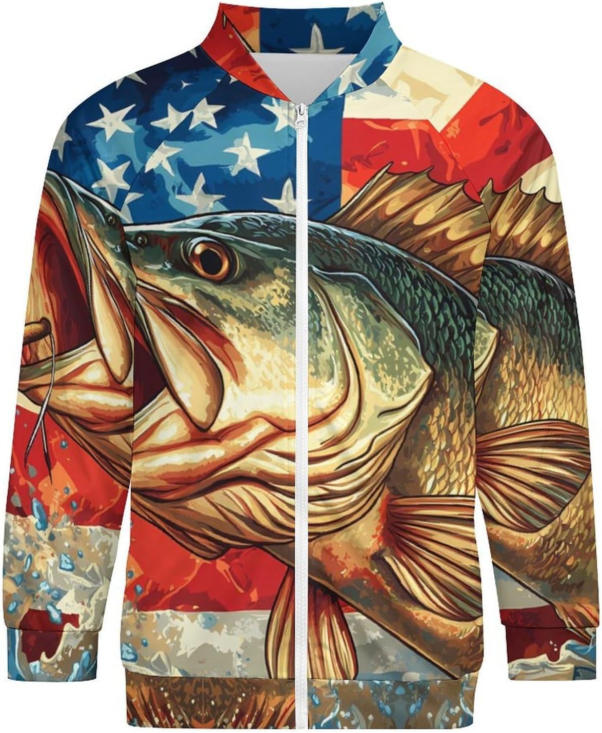 USA United States Bass Fish Men's Zip Up Sweatshirt Casual Sweater Jackets Long Sleeve Tops Lightweight Coat
