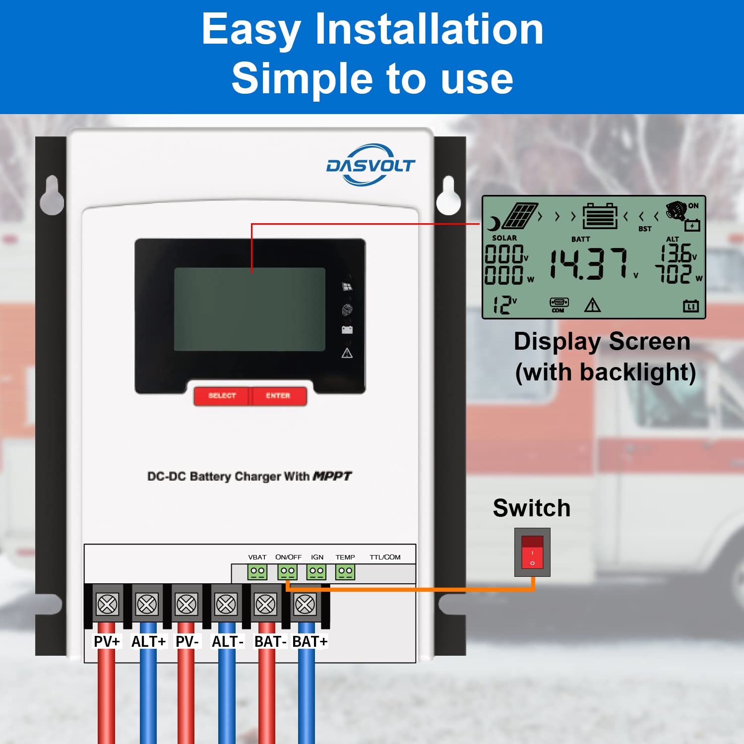 DASVOLT®, Ładowarka 12 V 50 A DC/DC MPPT z wbudowanym wejściem do systemu podwójnego akumulatora, wielostopniowe ładowanie, SRNE MD1250N05, baterie żelowe i litowe do samochodów kempingowych, łodzi