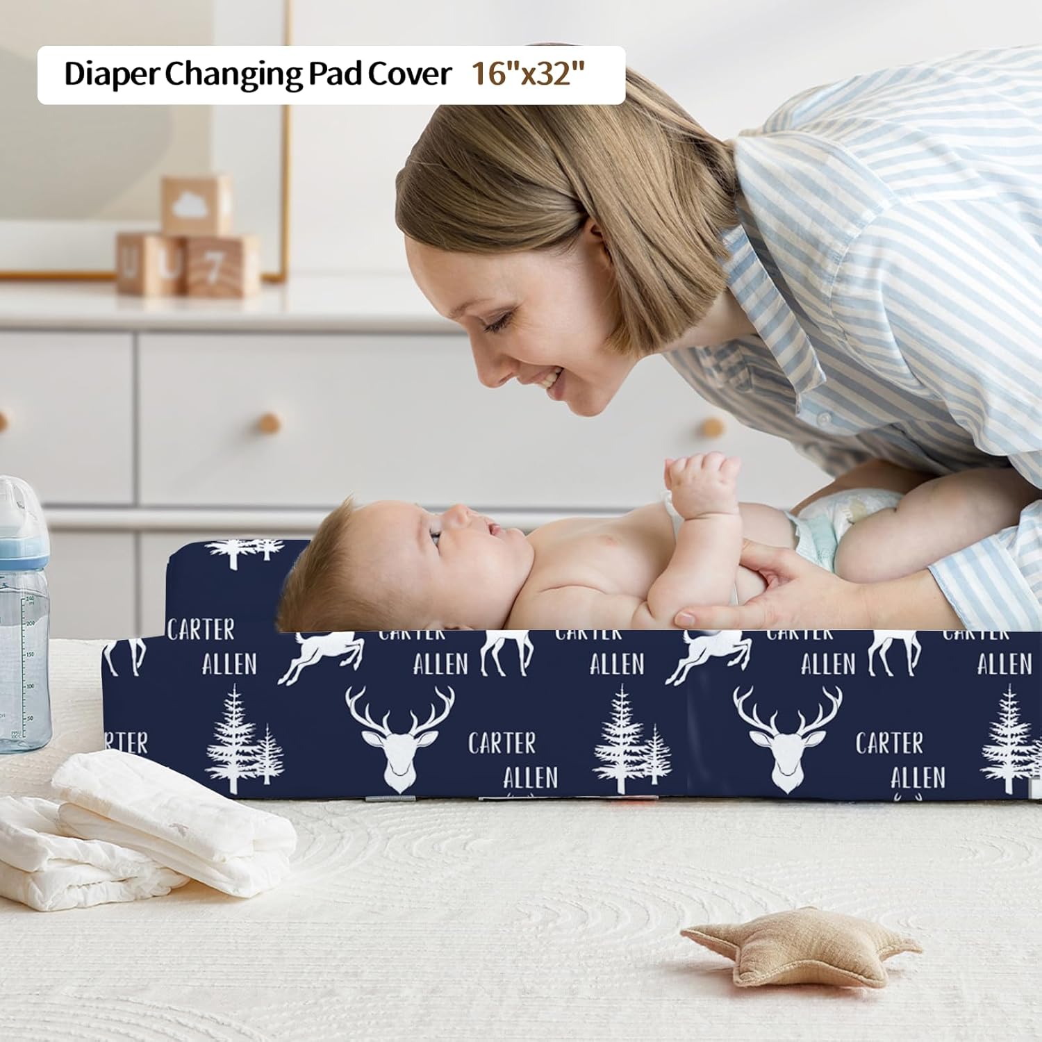 Personalized Baby Crib Bedding Set, Custom Name Nursery Bedding, Christmas Deer 5 Pcs Baby Bedding Set for Girl Boy, Double Layer Crib Set, Customized Gifts
