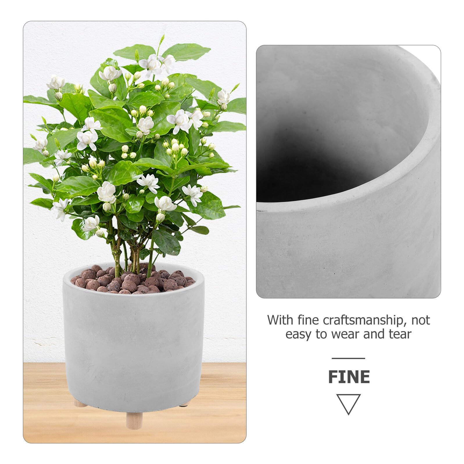 COLLBATH Pot de Fleurs Ciment Simple et Créatif Pot de Plante Décoratif Intérieur avec Bois Drainage Décoration Naturelle pour Maison et Jardin