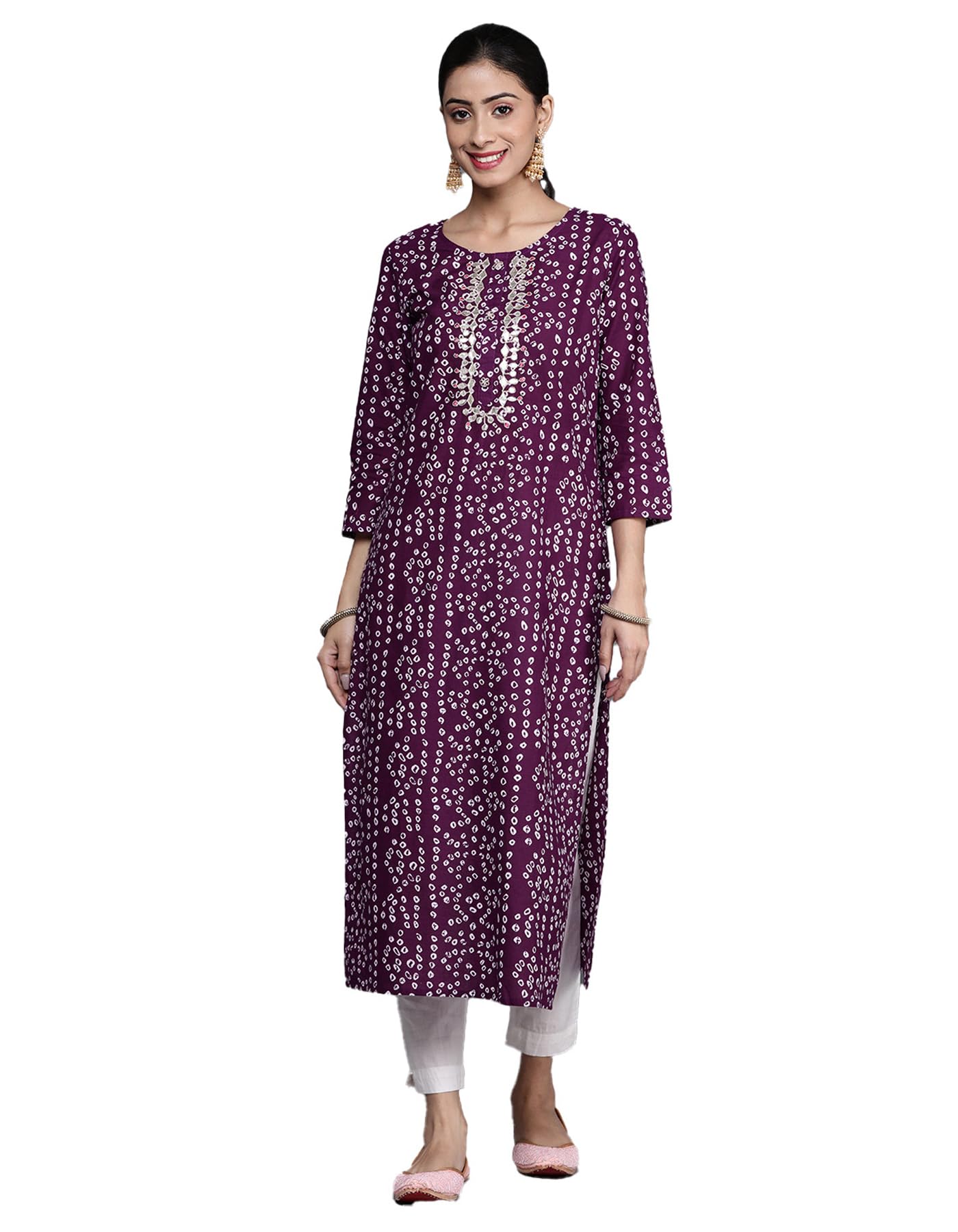 Varanga Women Purple & White Bandhani Printed Cotton Kurta With Gota Embroidery, Round Neck & 3/4Th Sleeves (Double Extra Large)