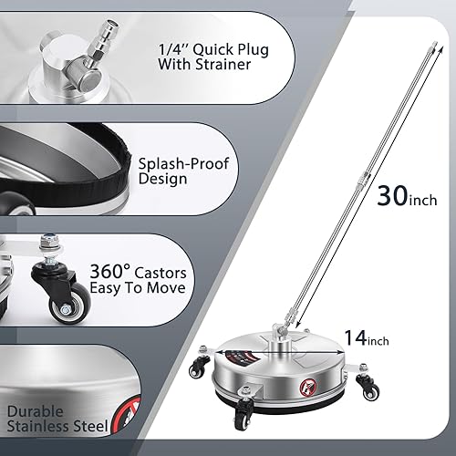 Miniatura 5 de Dalmbox Limpiador de superficies de hidrolavadora de 14 pulgadas con 4 ruedas, enchufe rápido de 1/4 pulgadas, carcasa de acero inoxidable, 4000