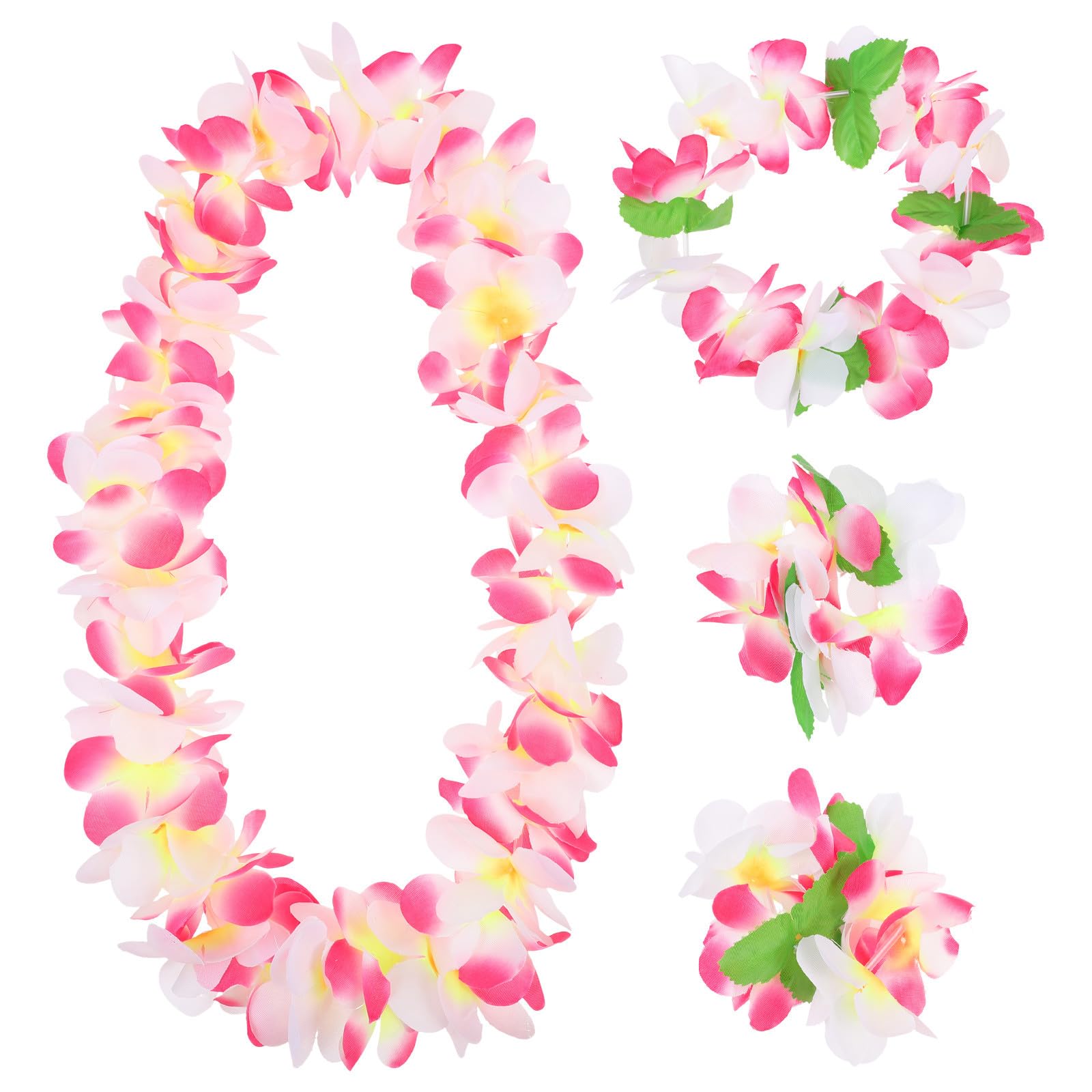 Ciieeo 4-Piece Hawaiian Leis Luau Party Supplies Set, Pink and White Tropical Flower Necklace with Headband and 2 Bracelets, Floral Garlands for Beach Wedding Hen Night and Summer Fête Costume