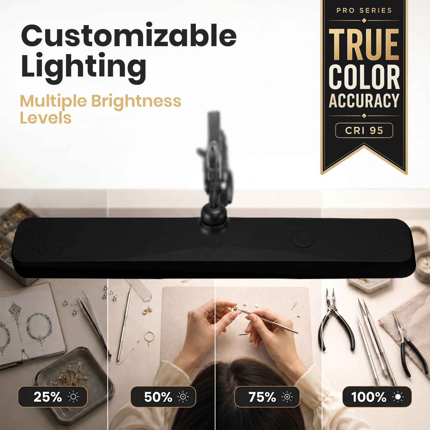 Neatfi Pro Series XL Lámpara LED Profesional de Trabajo – Alta Fidelidad de Color (CRI 95) | 2.500 Lúmenes, 30 W | Cabezal Ancho de 56 cm | 5 Modos de Iluminación | Regulable | Brazo Ajustable (Negro)