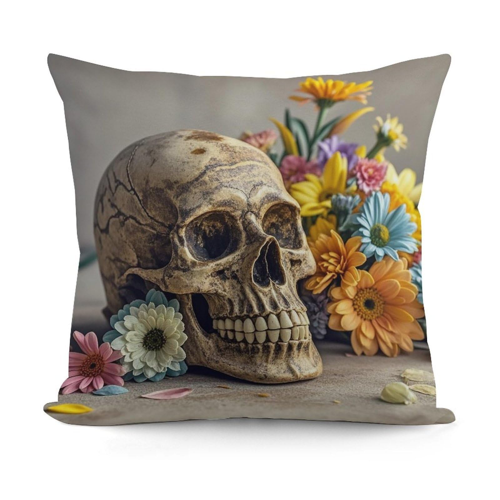 LZQPOEAS Ancient Skull and Flowers Throw Pillow Cover 18x18 in Breathable Square Pillow Case Cozy Soft Pillowcase Protector Fashion Modern Couch Cushion Case for Living Room Bed Sofa Decor