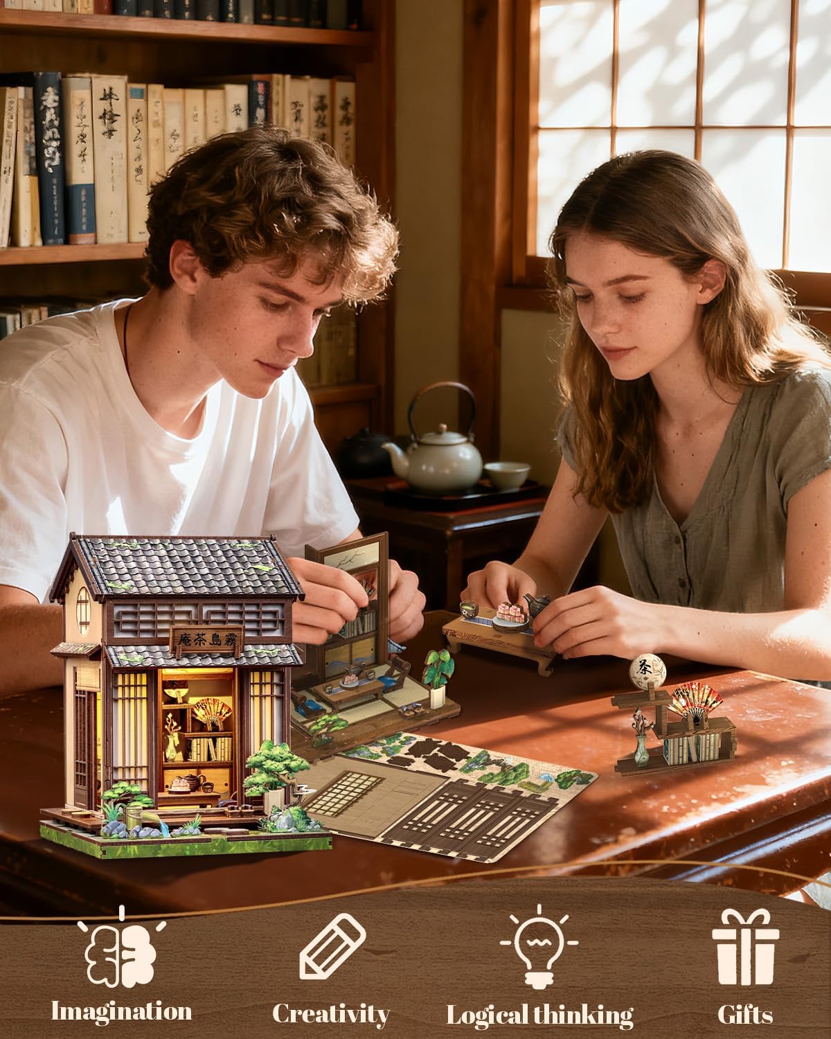 Cutefun Book Nook Kit - DIY Miniature Dollhouse Kit for Adults, Teens and Beginners, Japanese Tea Room Booknook Tiny House Bookshelf Decor 3D Wooden Puzzles, Gifts for Friends and Family (Tea House)