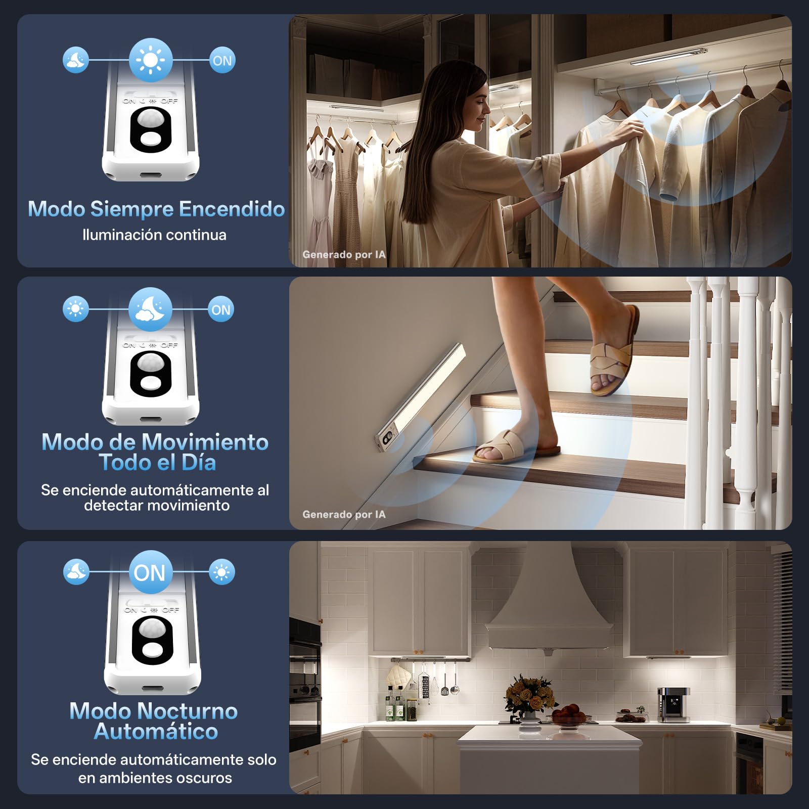 Luz Led con Sensor de Movimiento, 35 cm Luz Armario, 6 piezas | Lámpara Led Recargable con 3 temperaturas de color,2200 mAh, Atenuación Continua, Montaje Magnético para Armarios y Vitrinas