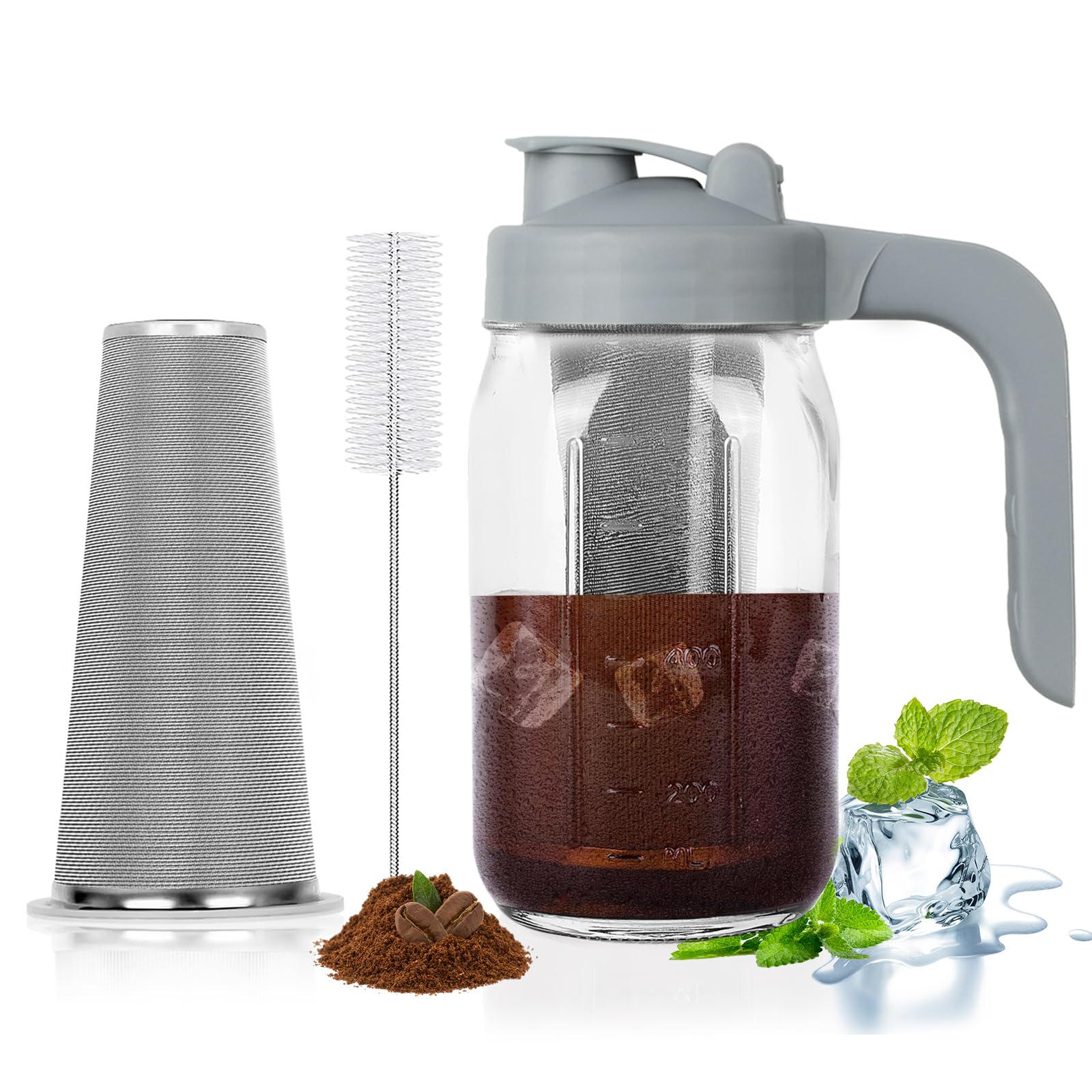 Cold Brew Coffee Maker Pitcher,32 Oz Glass Mason Jar Pitcher with V-shaped Pour Spout Handle Lid,Stainless Steel Filter for Iced Coffee,Iced tea,Breast Milk,Fruit Drinks,lemonade-Gray