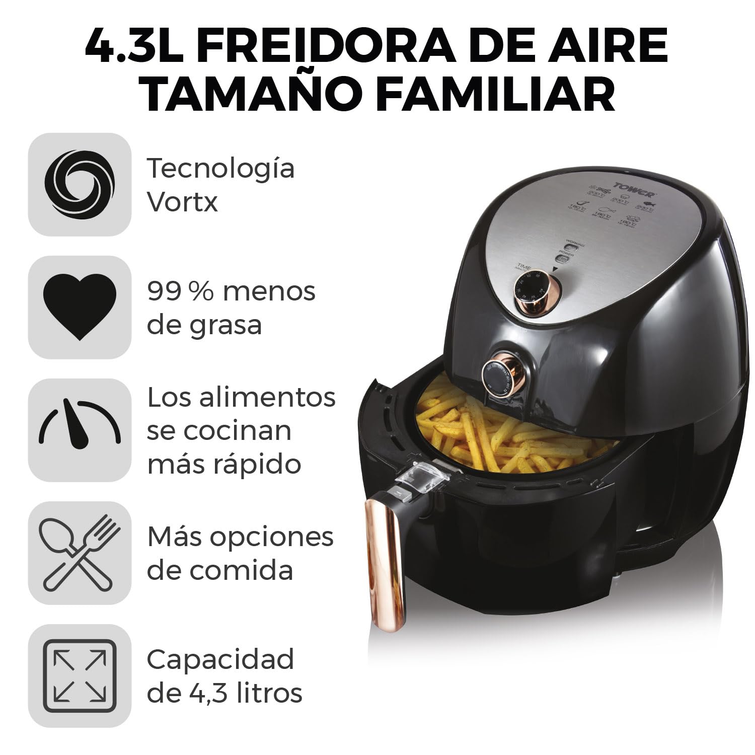 Tower T17021RG Freidora de Aire Tamaño Familiar: Air Fryer con Circulación de Aire Rápida y Temporizador de 60 Minutos: Freidora Sin Aceite de 4.3 L, 1500 W, Negro Oro rosa