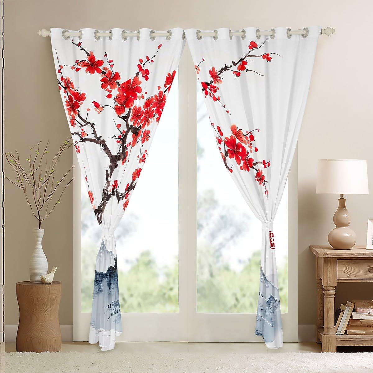 Homewish Japoński kwiat śliwy szer. 132 cm x dł. 229 cm zasłony okienne, obraz atramentowy krajobraz nadruk zasłony zaciemniające kwiatowy wzór zasłony 2 zestawy paneli azjatyckie ukiyoe dekoracje