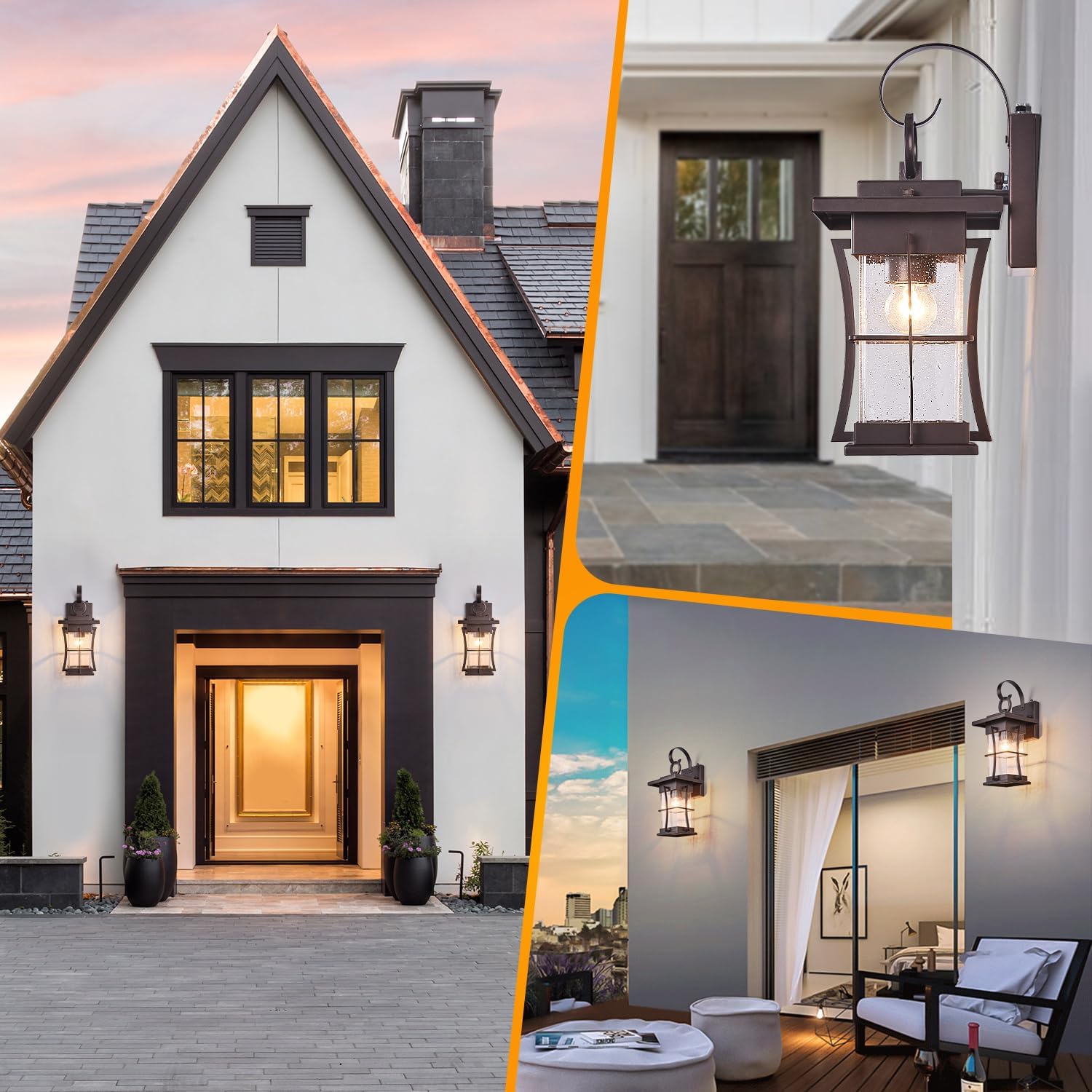 2 Pk Oil Rubbed Bronze Outdoor Sconces Light with Dusk to Dawn Sensor Photocell Exterior Porch Lanterns Outside Wall Lamps Waterproof Brown Metal with Seeded Glass Coach Light Fixtures for House