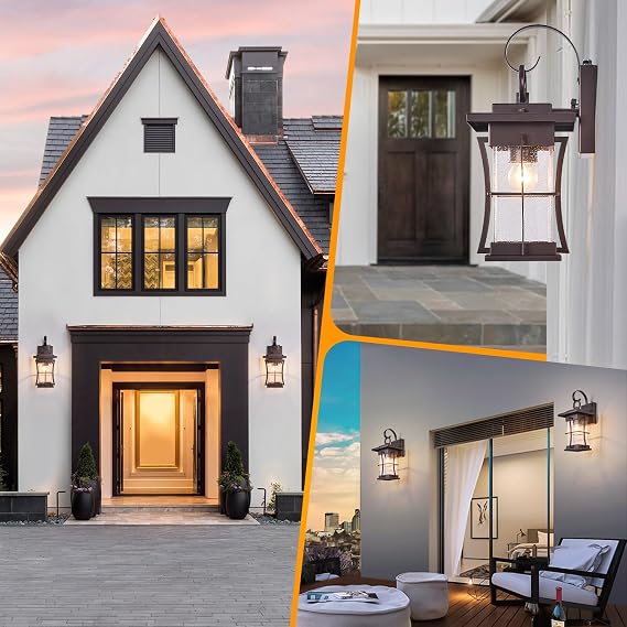 2 Pk Oil Rubbed Bronze Outdoor Sconces Light with Dusk to Dawn Sensor Photocell Exterior Porch Lanterns Outside Wall Lamps Waterproof Brown Metal with Seeded Glass Coach Light Fixtures for House