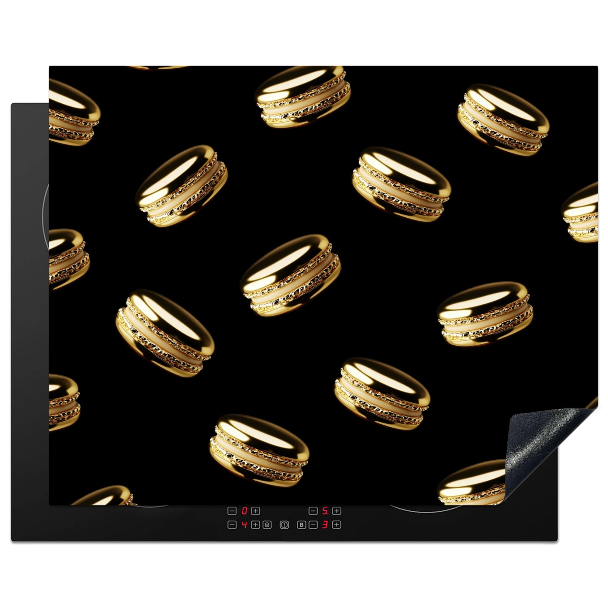 KitchenYeah© Induction Hob Protector Mat 20.5"x25.6" / 65x52 cm Stove Cap Top Cover Kitchen Cooker Covers for Electric Hobs Vinyl Macaroons - Pattern - Gold - Black