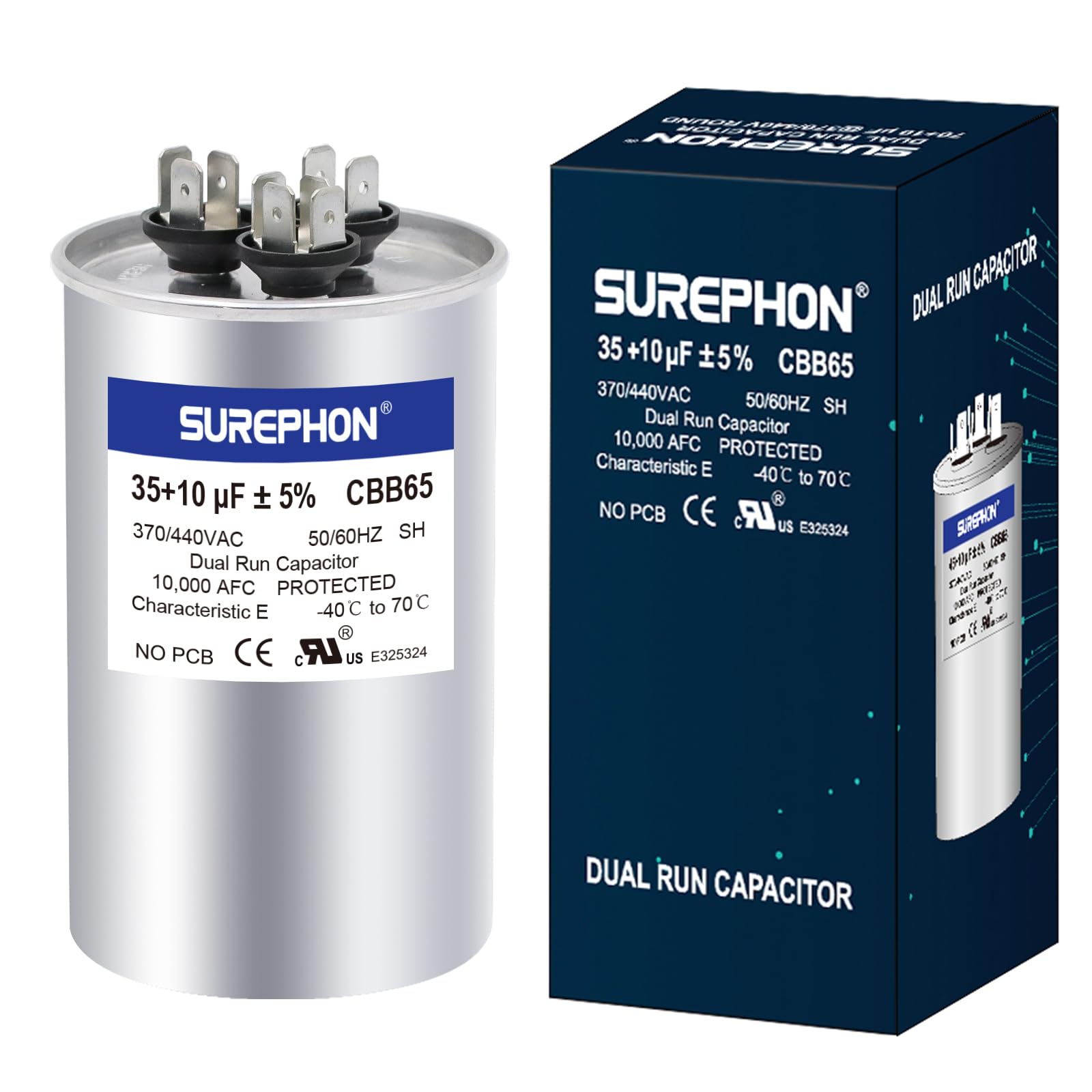 SUREPHON 35+10 uF 35/10 MFD ±5% 370V/440VAC Dual Run Start CBB65B Capacitor Works for AC Unit Fan Motor Start or Heat Pump or Condenser Straight Cool