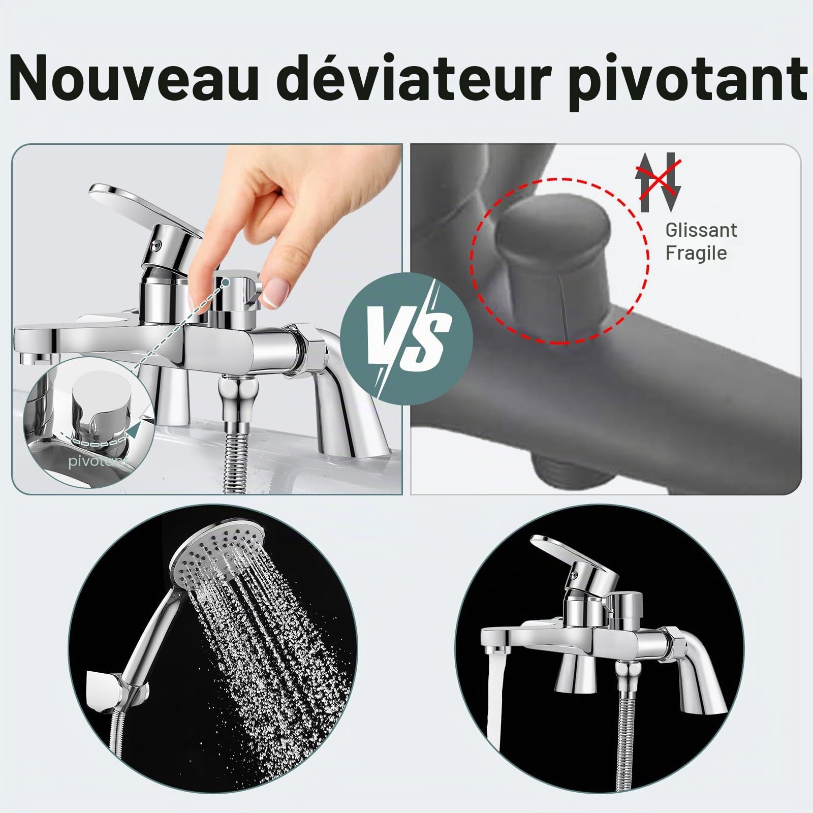 Ensemble de robinets de bain avec pommeau de douche Robinets de bain avec mitigeur de douche et pommeau de douche moderne à levier unique Robinets de bain et douche à montage sur pont En laiton chromé