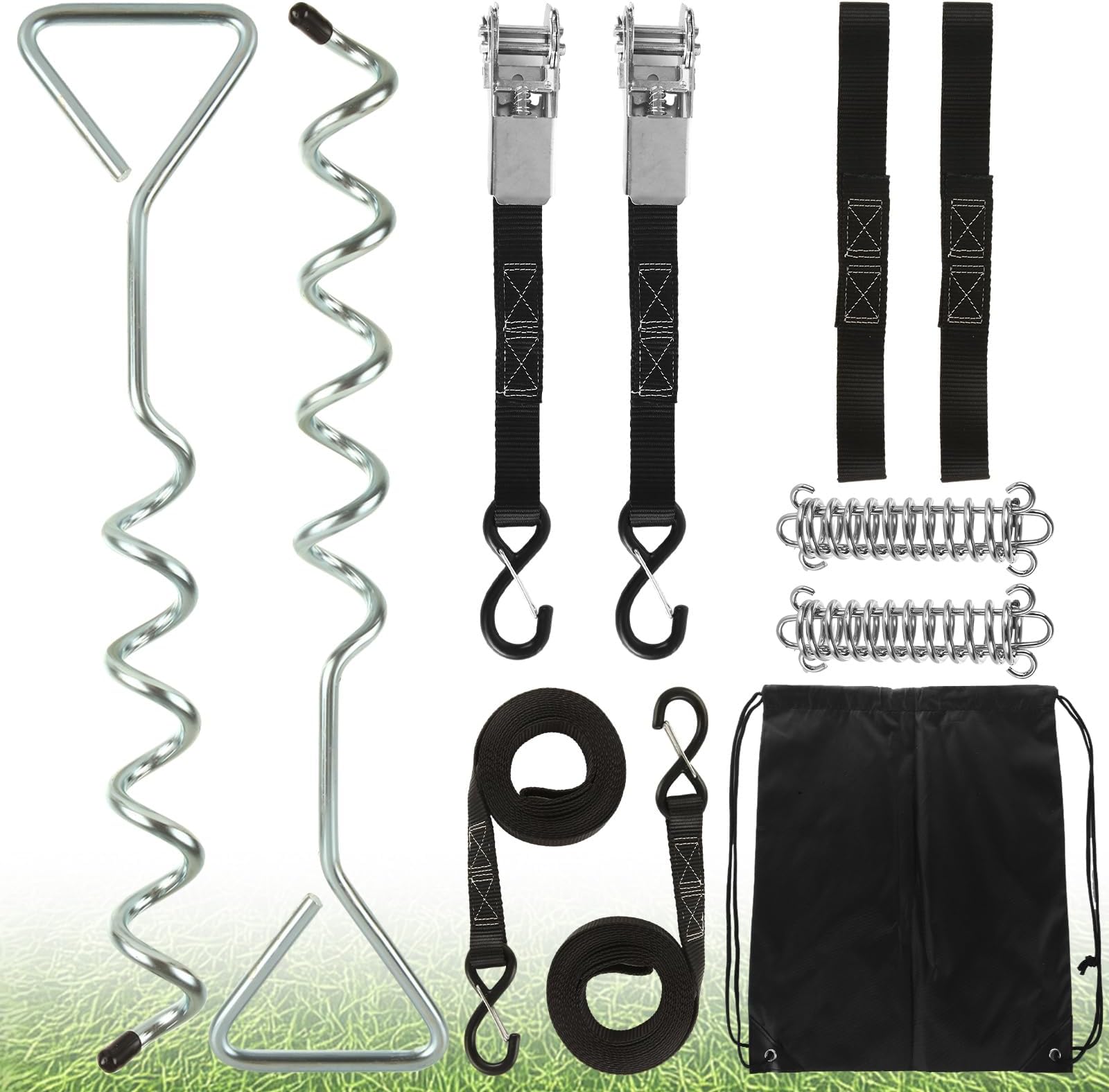 RV Awning Tie Down Kit, Heavy Duty Anchor Set for Camper, Windproof RV Awning Accessories with Shock Absorbing Spring, Spiral Stakes, Soft Loops, Thick Straps, 11pcs