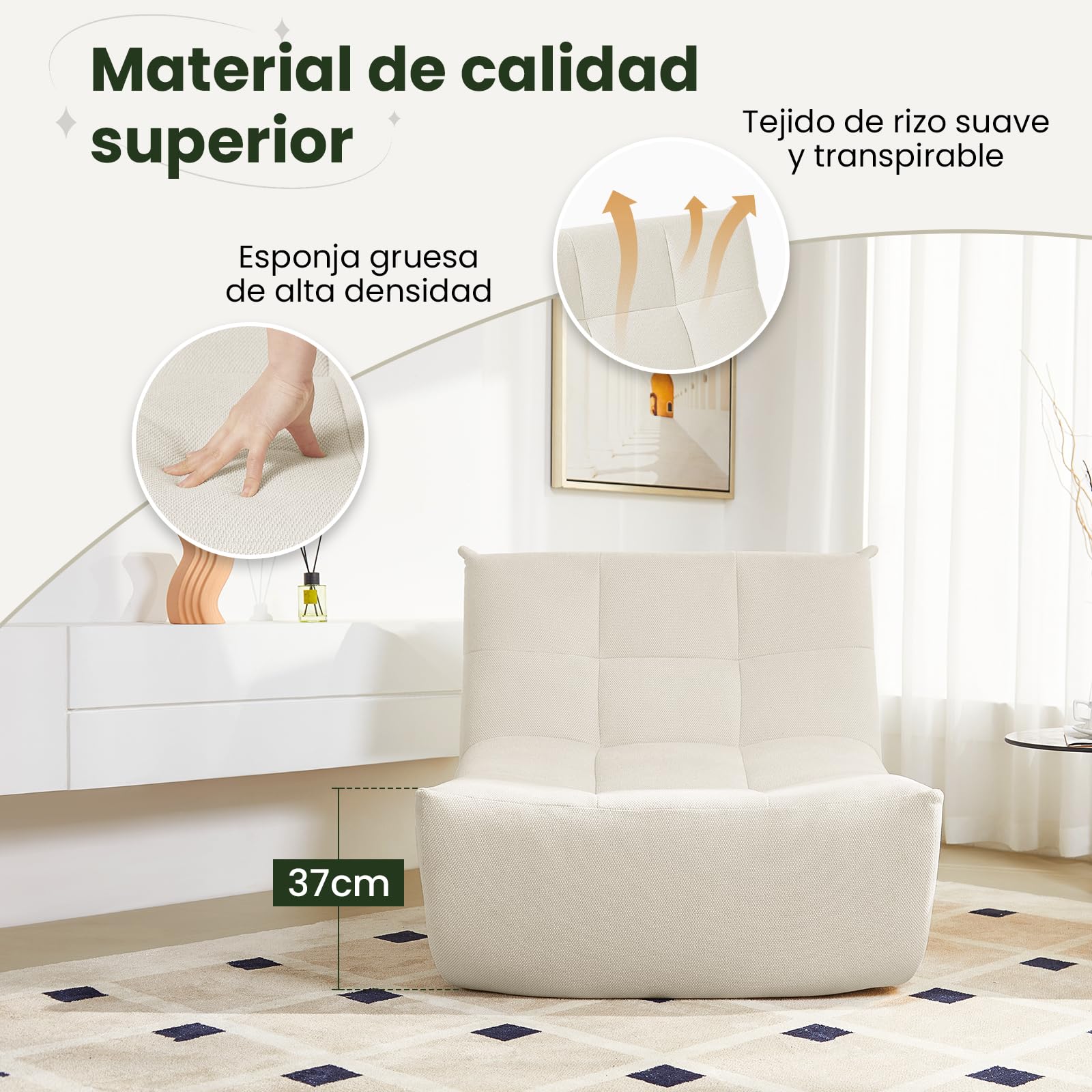 EUGAD Puff Salón, Togo Sofá, Sofá Puff Ergonómico, Puf Asiento, Beige | Sillón Moderno XXL, Bean Bag con Relleno de Esponja de Alta Densidad, Tela de rizo, Pera para Salón y Dormitorio