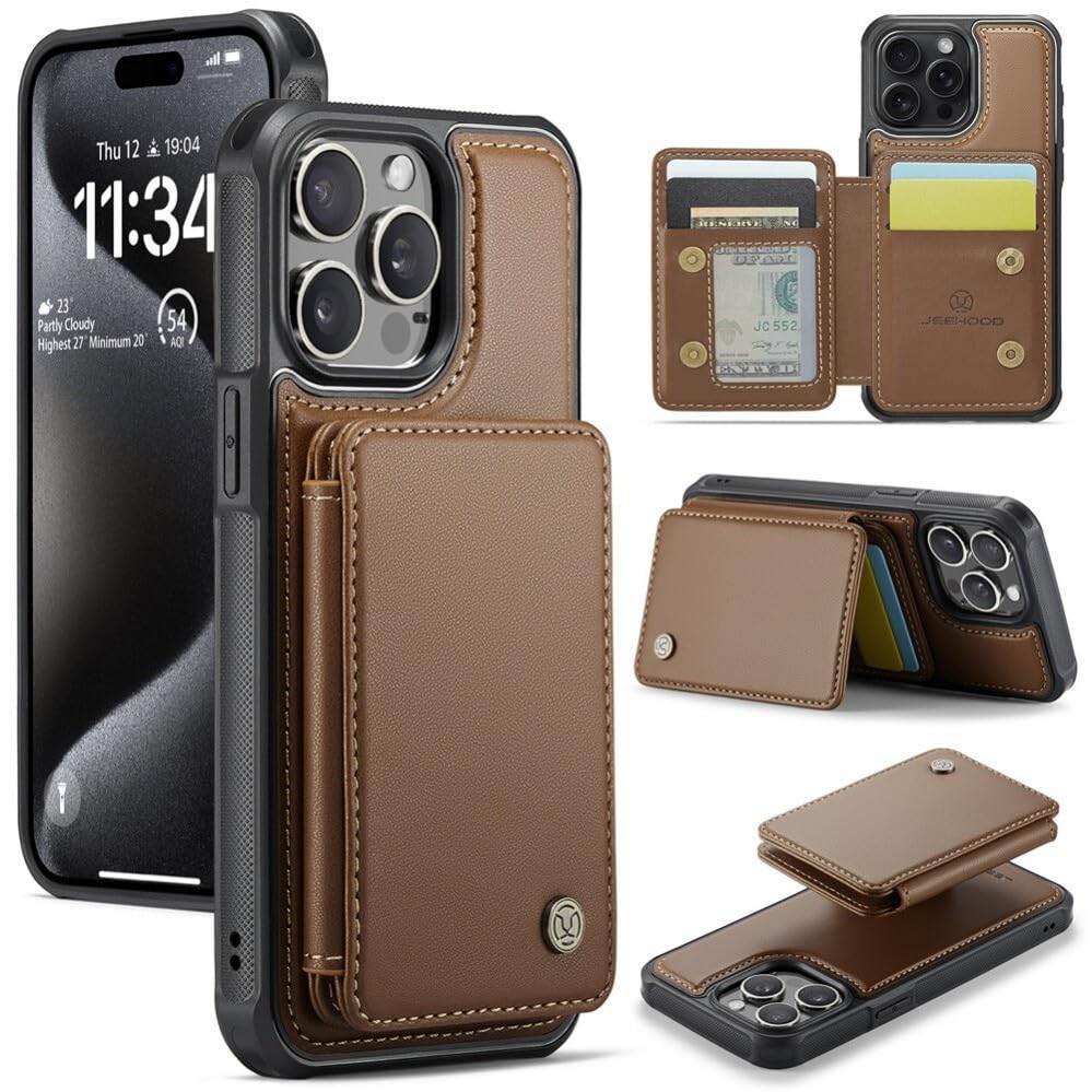 Étui portefeuille iPhone 14 Pro Max marron en cuir premium amovible