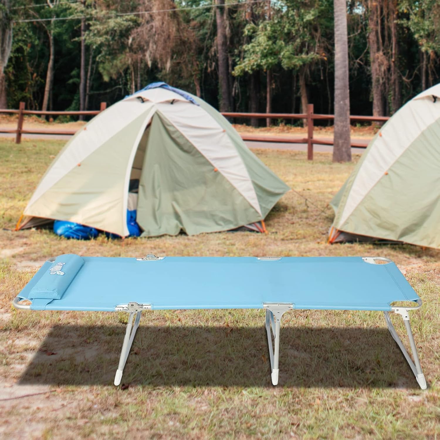 Old Bahama Bay Folding Camping Beach Cot with Pillow,4-Positions Folding Recliner Lounger Bed for Camping/Travel/Beach/Hiking/Patio,Supports 250LBS, Blue
