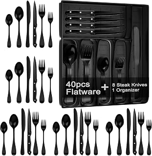 JUNLIN 49-Piece Black Stainless Steel Flatware Set for 8 with Steak Knives & Drawer Organizer
