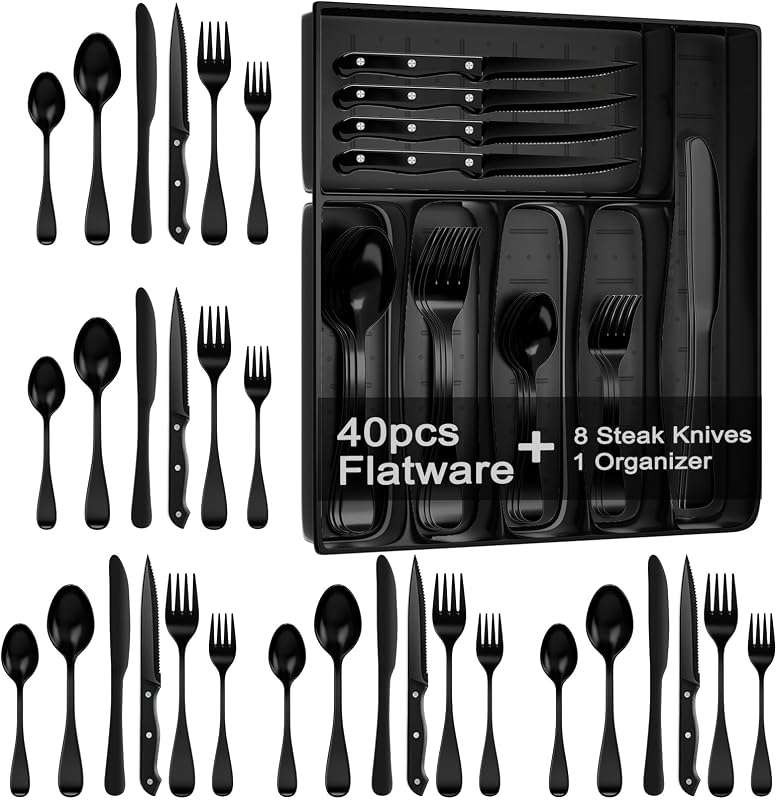 Juego de cubiertos de 49 piezas con organizador, cubiertos negros y cuchillos para carne para 8 | Sistema determinado de los cubiertos de los utensilios de los cubiertos de los cubiertos de los cubiertos de las tenedores y de las cucharas del acero inoxidable, pulido espejo