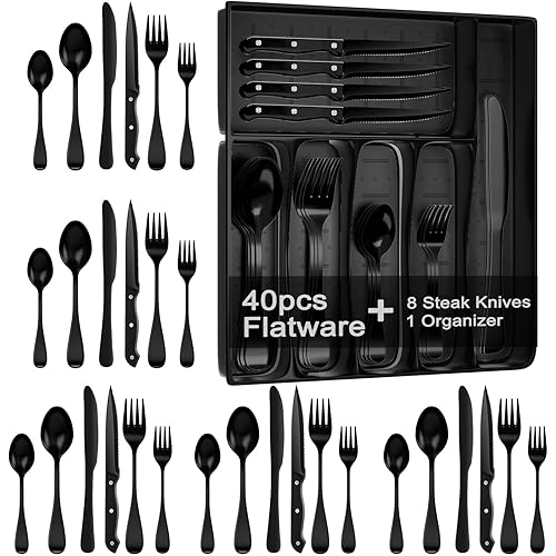 49-Piece Black Silverware Set with Organizer, Stainless Steel Flatware Set for 8 with Drawer Tray, Cutlery Steak Knives Fork Spoon for Home Restaurant, Mirror Finish