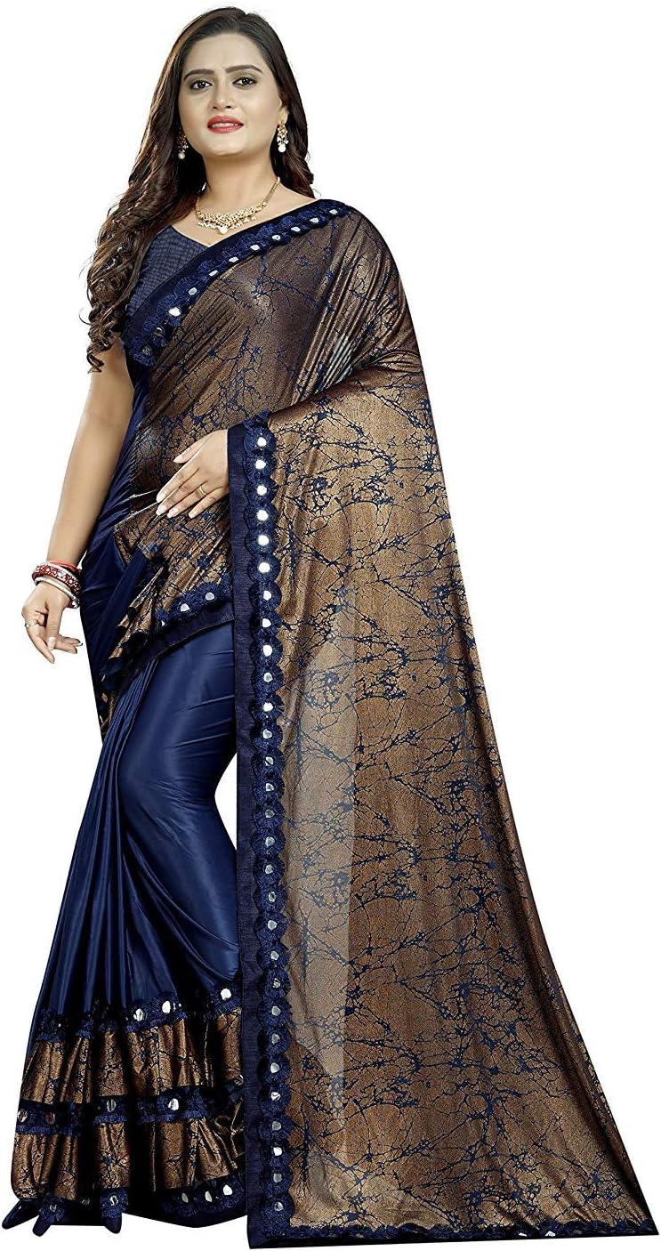 Sangria Mahalaxmi Fashion Printed Bollywood Silk Blend Ruffle Frill Saree Blue
