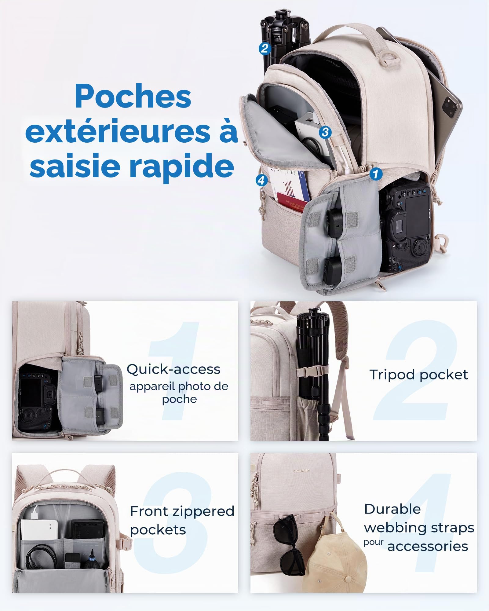bagsmart Sac à dos pour appareil photo reflex numérique - Petit sac à dos pour appareil photo - Compatible avec les photographes - Bandoulière 2 en 1 - Convient pour iPad 12,9", Sony, Canon, Nikon