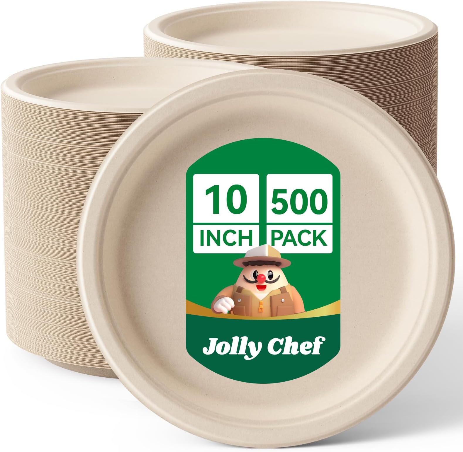 JOLLY CHEF Compostable Heavy Duty Plates 𝟭𝟬 𝗜𝗻𝗰𝗵 [𝟱𝟬𝟬 𝗣𝗮𝗰𝗸] Eco-Friendly Disposable Paper Plates Natural Bagasse Biodegradable Sugarcane Bulk for Party Hot Cold Dinner Christmas (Brown)