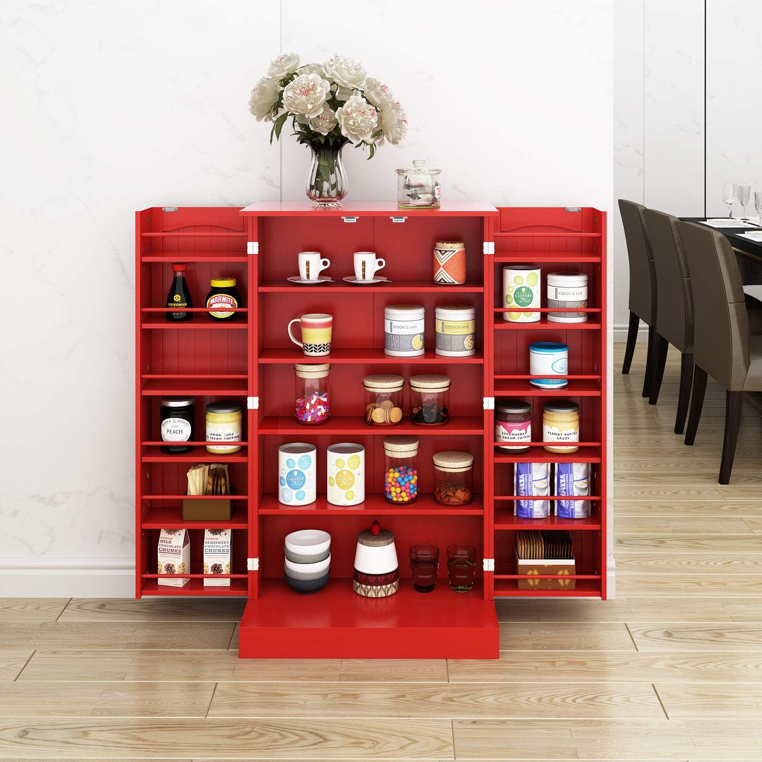 HOME BI 41'' Red Kitchen Pantry Cabinet, Double Door Food Storage Cabinet with Doors and 6 Shelves, China Cupboard Space Saving Cabinet - Buffets & Sideboards