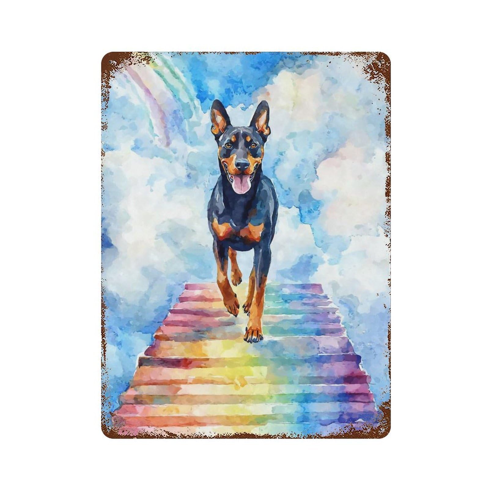 Garage Style Doberman Rainbow Bridge Vintage Rust Metal Sign 15.7"x11.8", Retro Wall Decor for Bar And Workshop