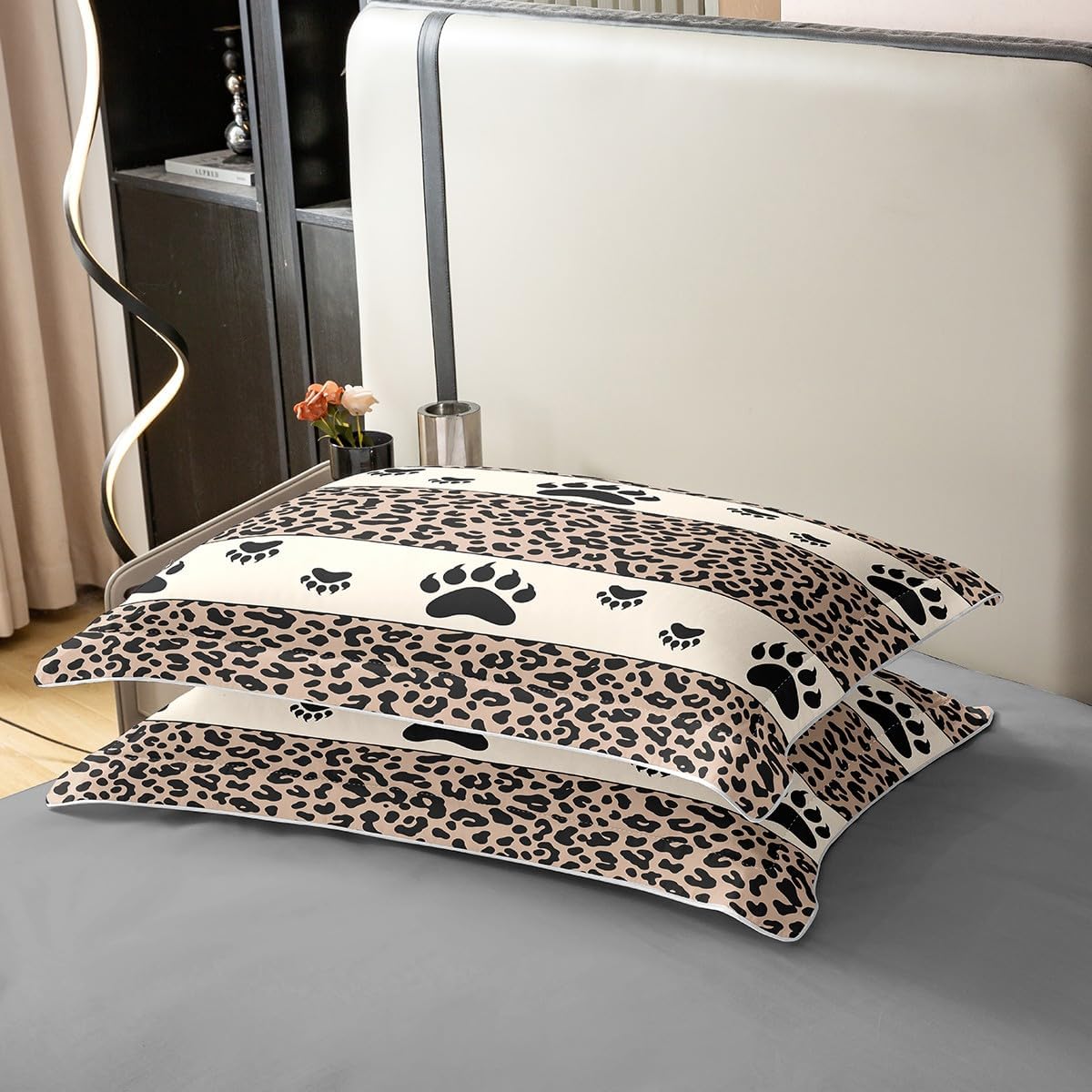 Manfei Leopard Fur Print Cotton Duvet Cover Set(No Comforter),Wild Bear Black Animal Paws Bedding Set,Black Beige Cheetah Fur Stripes Patchwork Quilt Cover Set,Ultra Soft Queen Size image 5