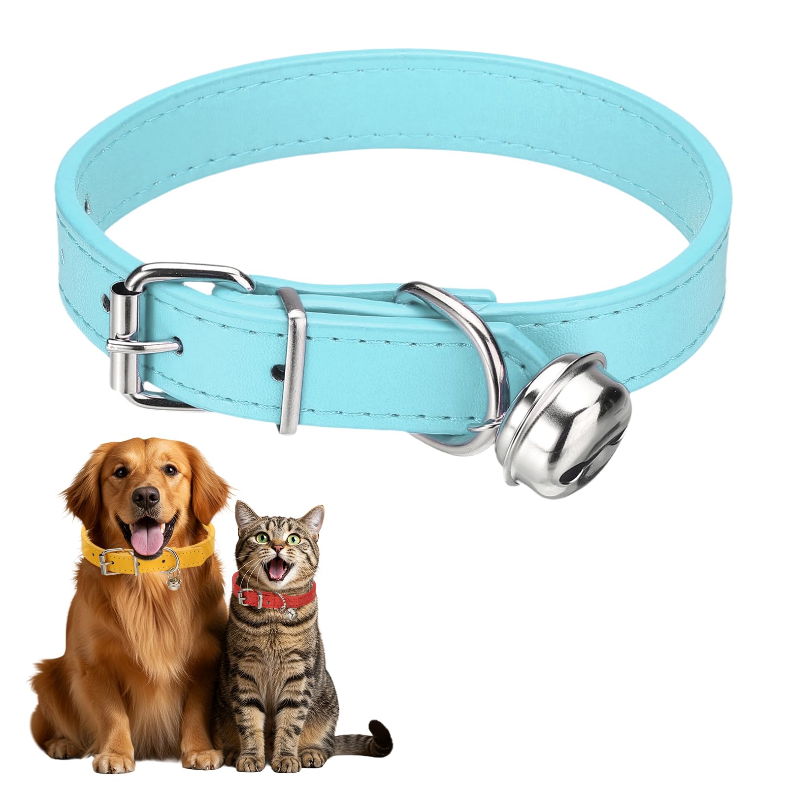 sourcing map Dog Collar with Bell, Pu Leather Cat Collars Pet Basic Soft Padded Adjustable Buckle, 16" (Sky Blue, 1 Pcs), Intended for Teacup/Little Dog/Kitten Cats/Small Animals