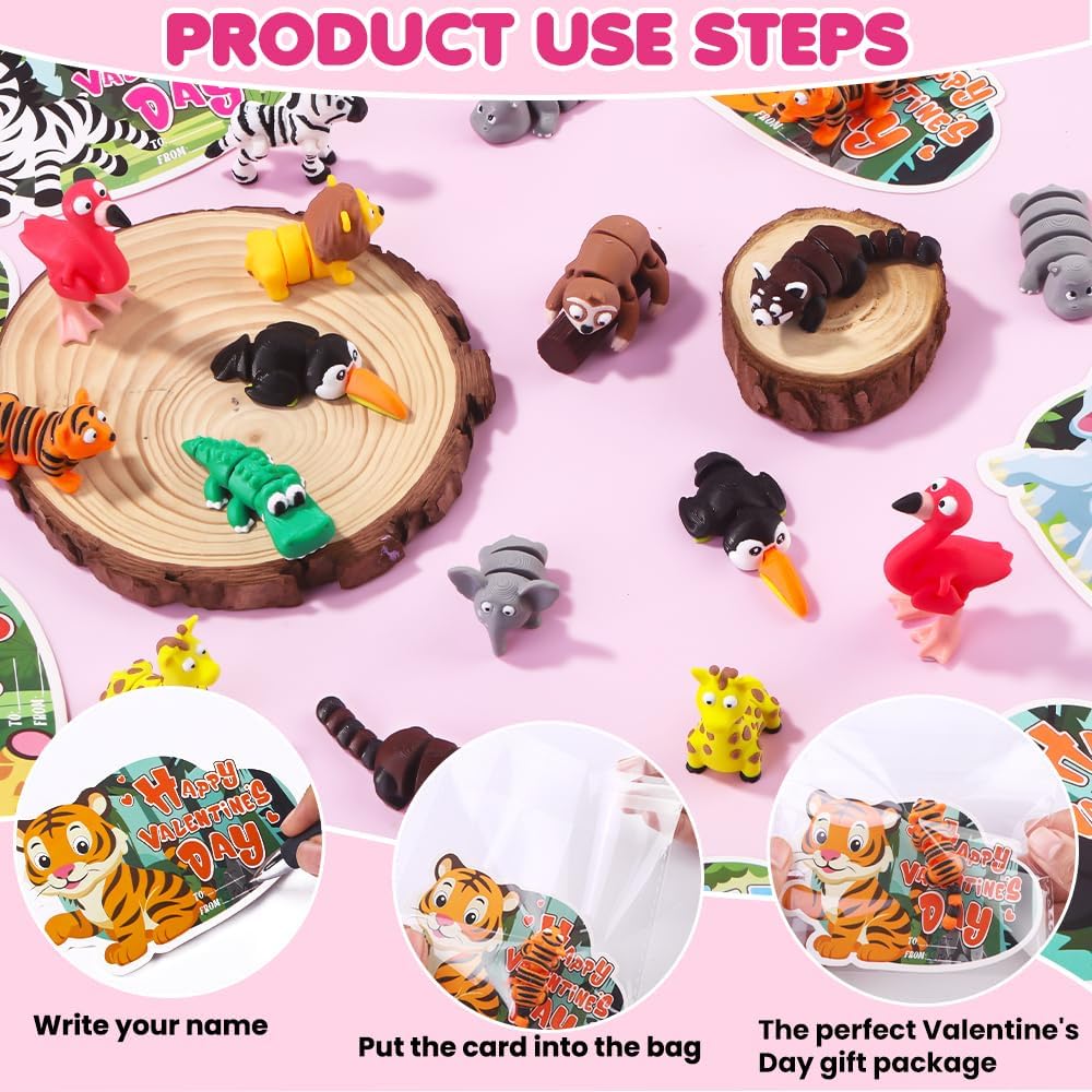 Celltestria 24Pcs Valentines Mini 3D Printed Forest Animals for Kids 12 Styles 3D Printed Figurines with Cards for Party Favors Valentines Fidget Toys for Classroom Prize Rewards Gifts Exchange