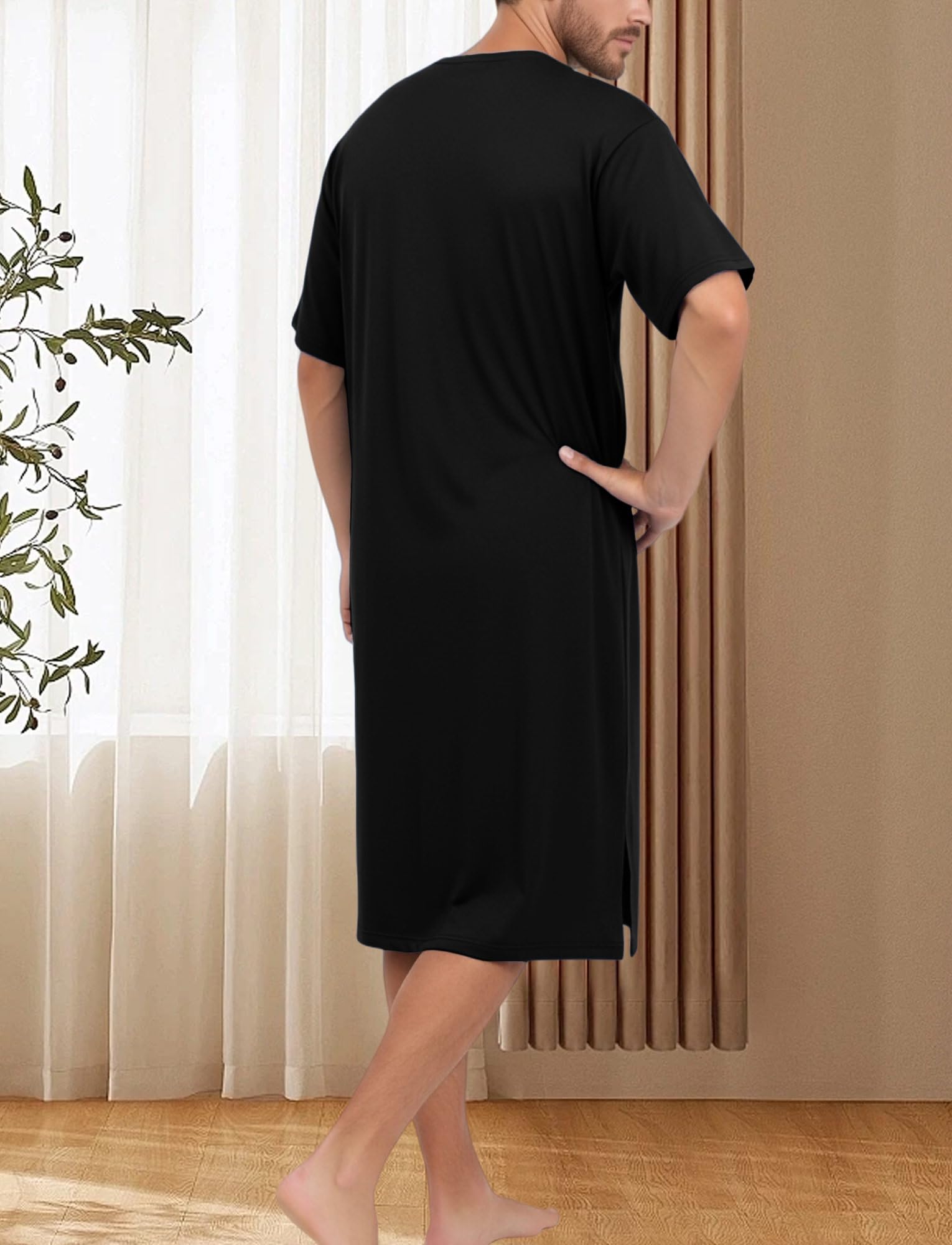 FEOYA Nachthemd Herren Kurzarm Schlafshirt Männer Einteiliger Schlafanzug Langes Pyjama Tops Nachtwäsche Sleepshirt M-XXL (Asie L-3XL)