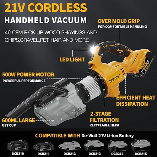 Miniatura 2 de Aspiradora inalámbrica para batería DE-Walt de 20 V, aspiradora eléctrica de mano 5 en 1 con potente motor de 500 W, aspiradora de mano portátil de