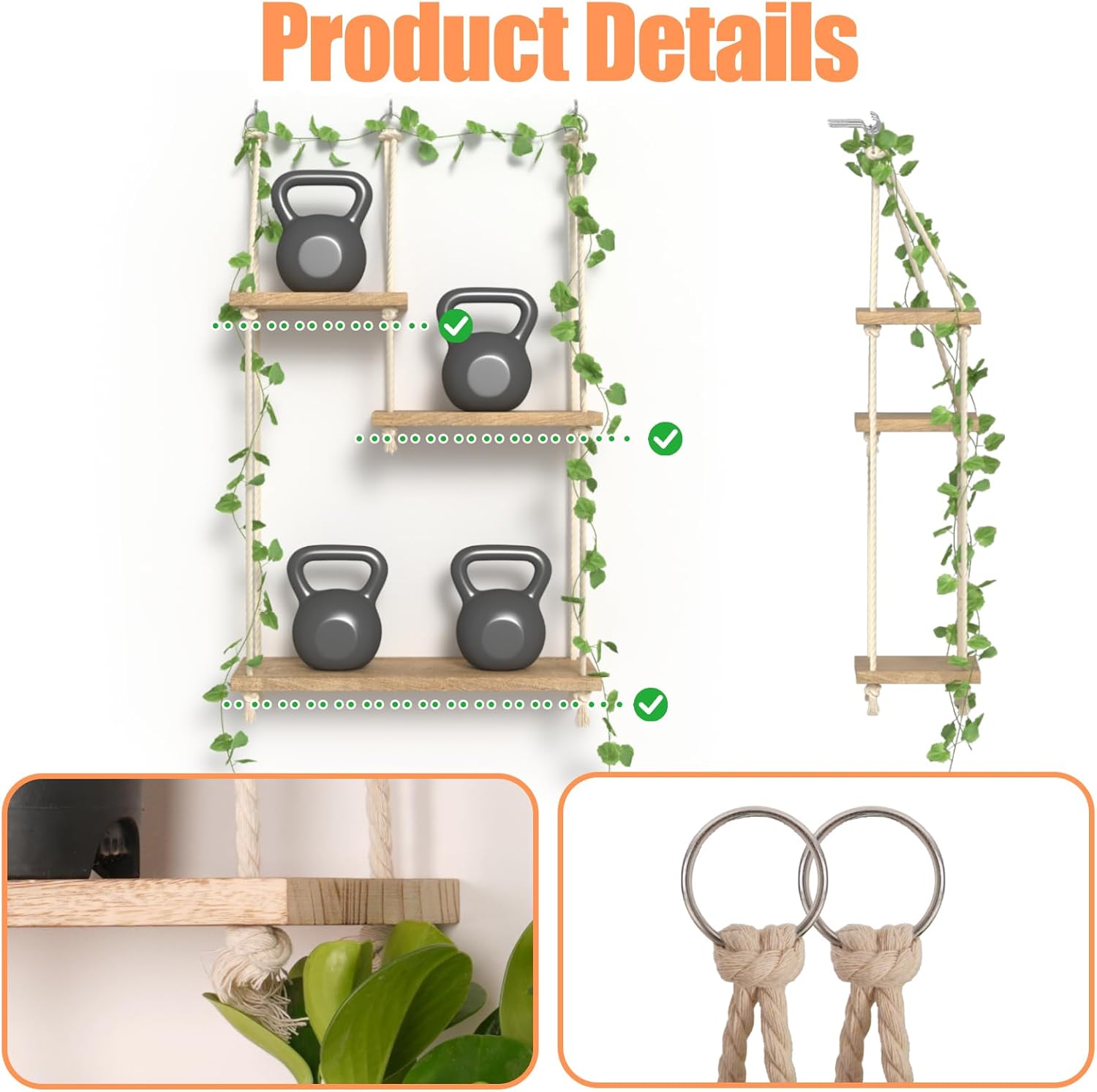Hanging Shelves for Wall with Vine Lights 3 Tier Boho Wall Shelf Macrame Floating Shelves Rope Rustic Wood Organizer Storage Hanger Rack Decor Aesthetic for Succulents Kitchen Bedroom Bathroom