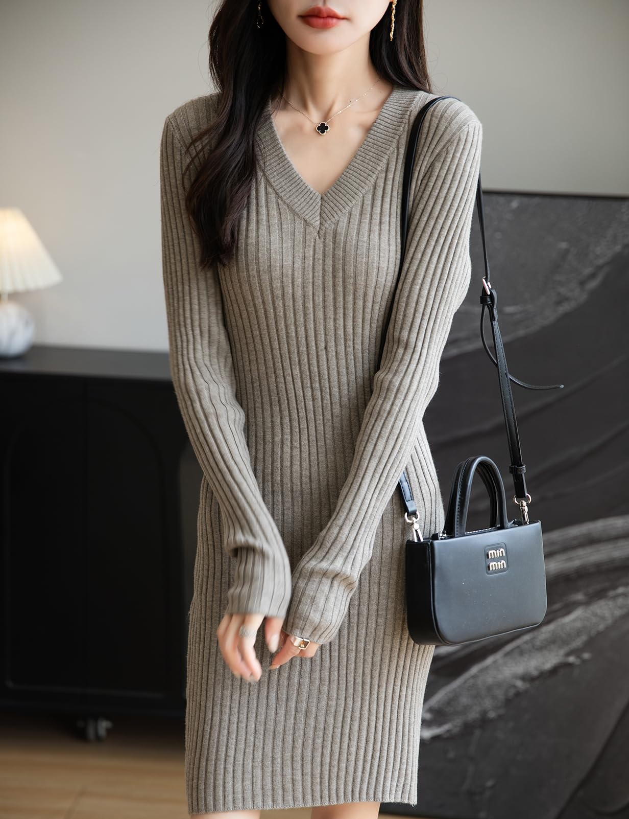 Femme Lain Merino Mélangée Robe Pull 2025 Automne Hiver Col en V Coupe Ajustée Manches Longues Côtelée Casual Robe
