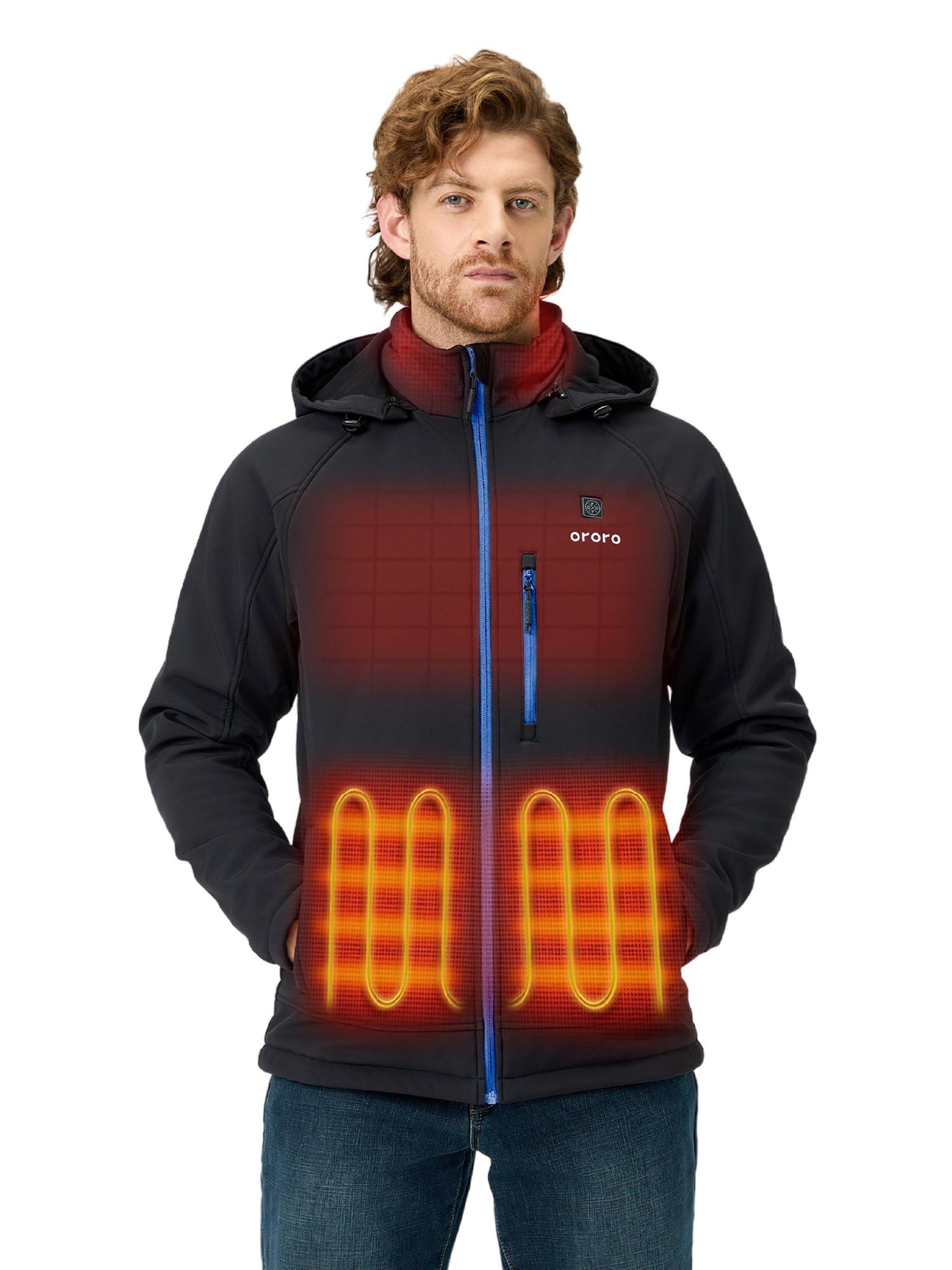 ORORO Men's 4 Heat-Zone Heated Jacket with USB-C Rechargeable Battery, Soft Shell Heated Jacket with Detachable Hood