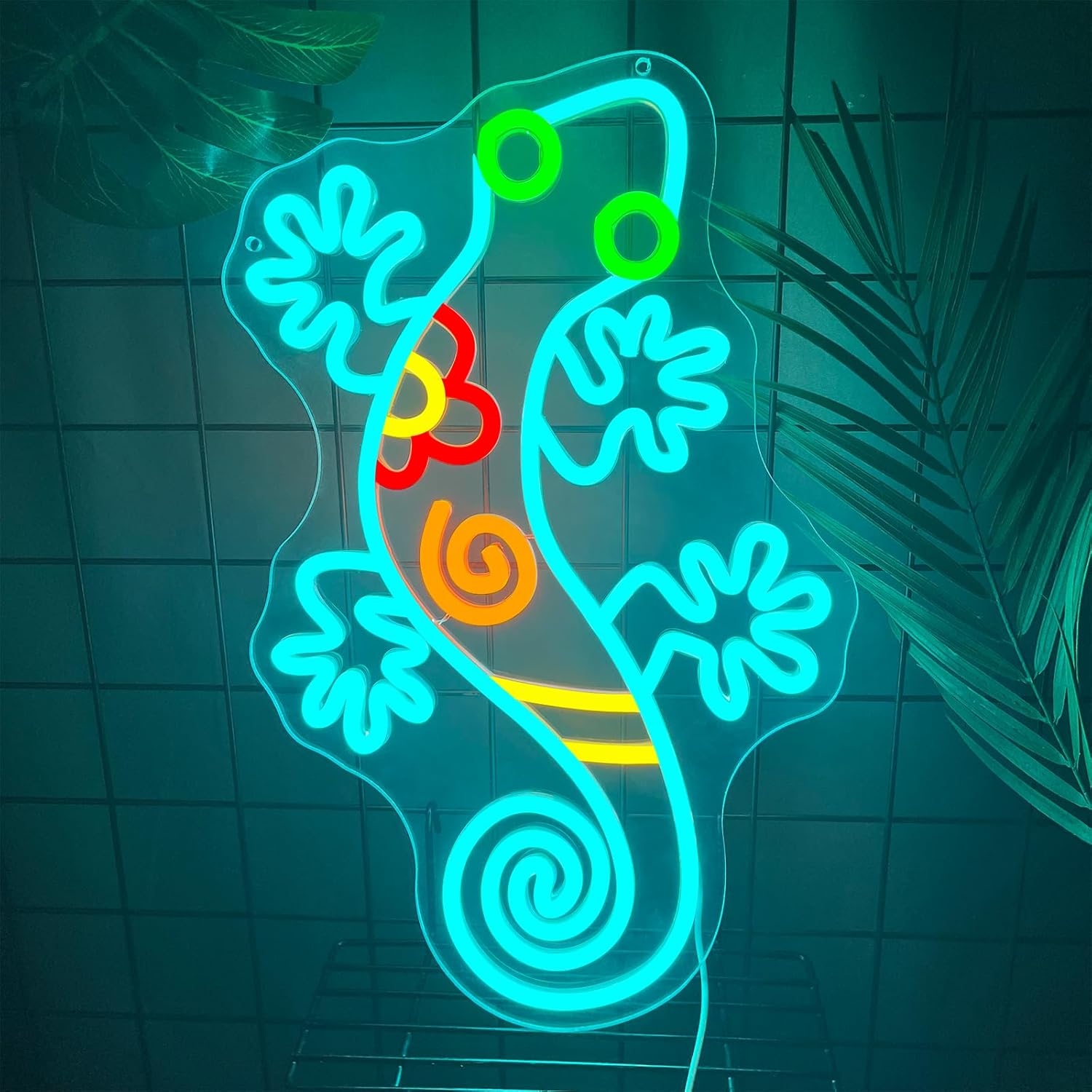 Gecko Neon Sign Dimmable Geico Lizard Led Neon Sign Colorful Reptile Animal Theme Neon Light Up Sign for Garden Bedroom Fence Living Room Kids Birthday Party Presents Outdoor Wall Decorations