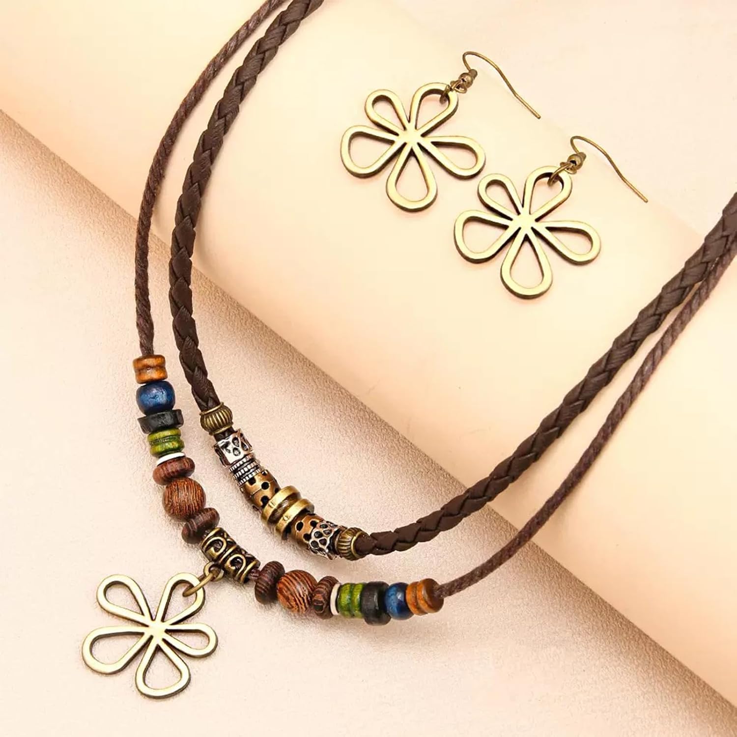 Layered Boho Wood Bead Choker Necklaces Western Wooden Pendant Necklace Earrings Hollow Flower Charm Personality Jewelry Set for Men and Women - Image 3
