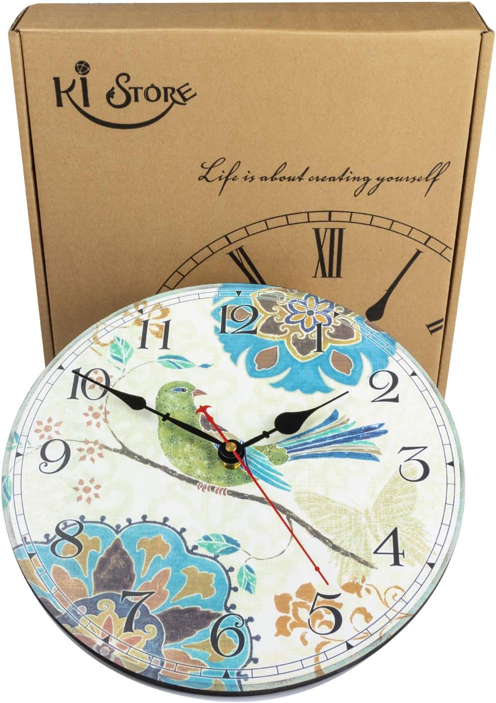 KI Store Silent Wall Clocks for Living Room Kitchen Decor Bathroom Farmhouse Cabin Non Ticking Decorative Clock 12-Inch Boho Round Clocks