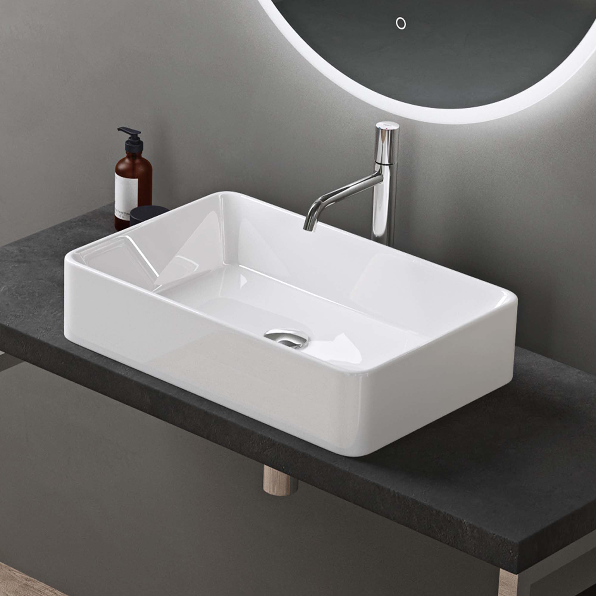 doporro Lavabo Bagno Rettangolare Lavabo da Appoggio in Ceramica Lavandino con Bordo Sottile 58x37x13,5 cm Bianco Lucido Lavamani Lavello senza Foro Rubinetto per Guardaroba Bagno Brüssel105D