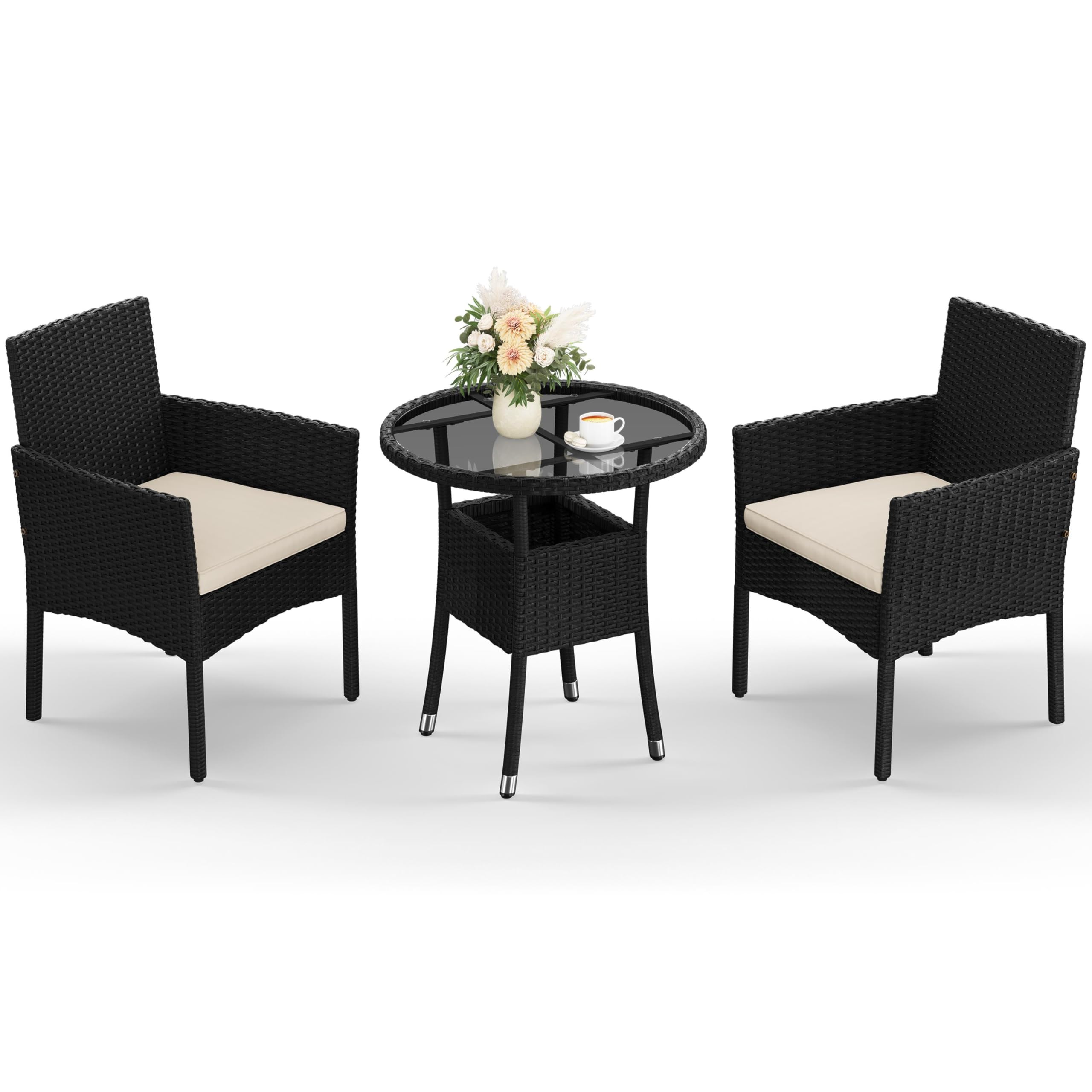 Yaheetech 3-Pieces Garden Conversation Set, Woven PE Rattan Chairs with Cushion & 1 Tempered-Glass Side Table for Bistro, Porch, Garden, Courtyard, Deck, Black & Beige