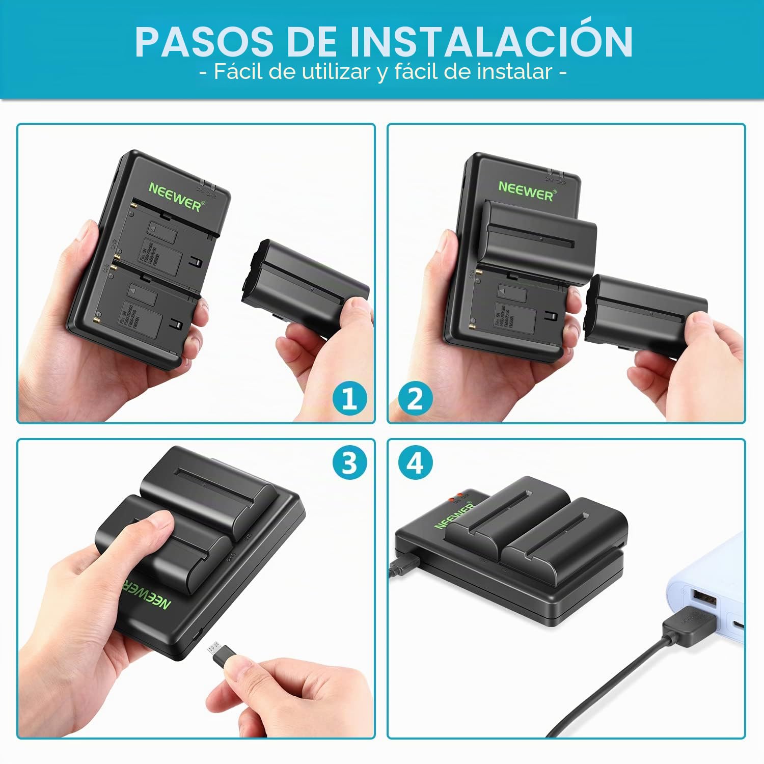 NEEWER NP-F550 Juego de Cargador de Batería, Compatible con Sony NP F970 F750 F960 F530 F570 CCD-SC55 TR516 TR716 y Luz LED NEEWER, Monitor (2-Paquete Baterías de Repuesto, Cargador de Doble Ranura)